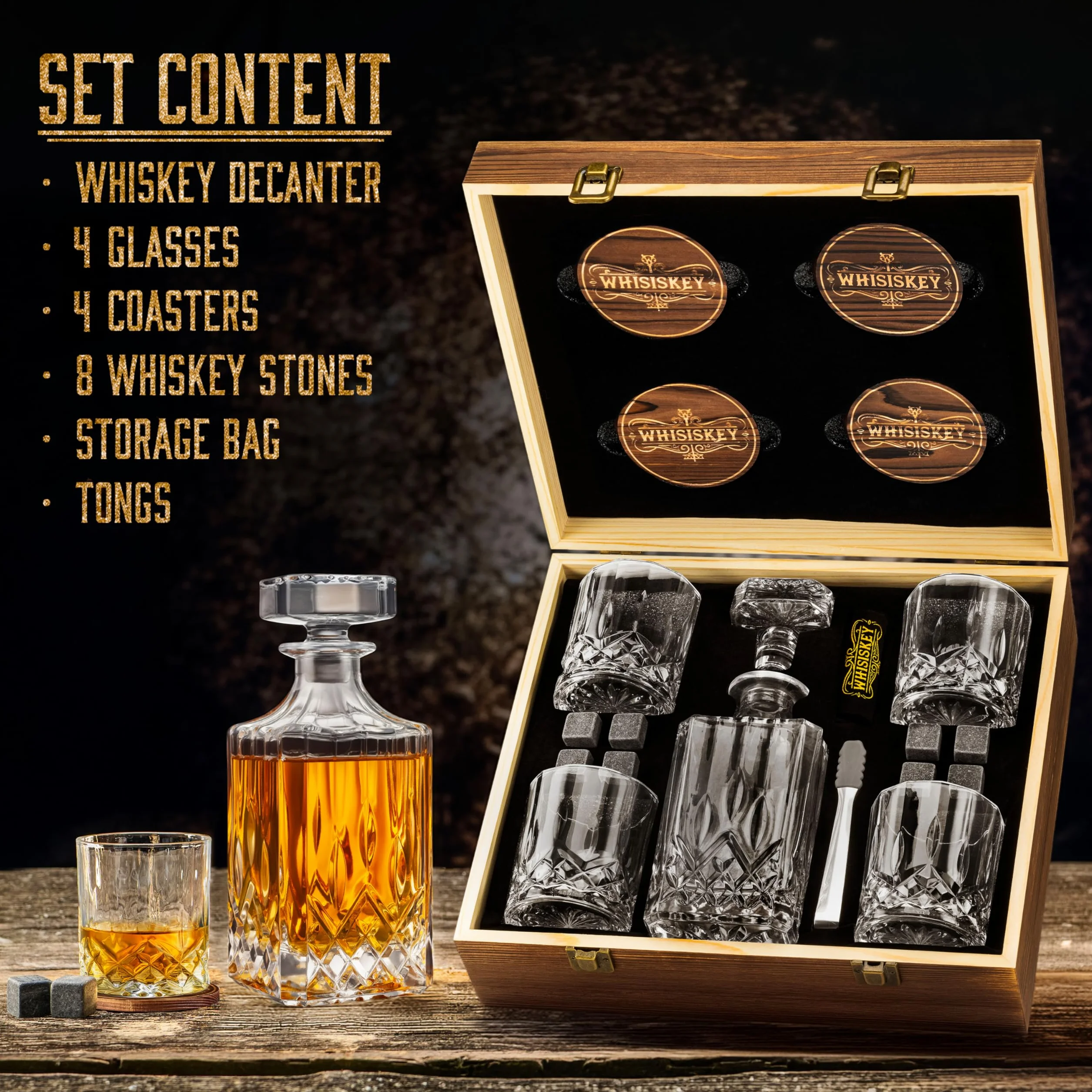 WHISISKEY Zestaw Karafka do Whisky 700ML 4 Szklanki 8 Kamienie Prezentowy