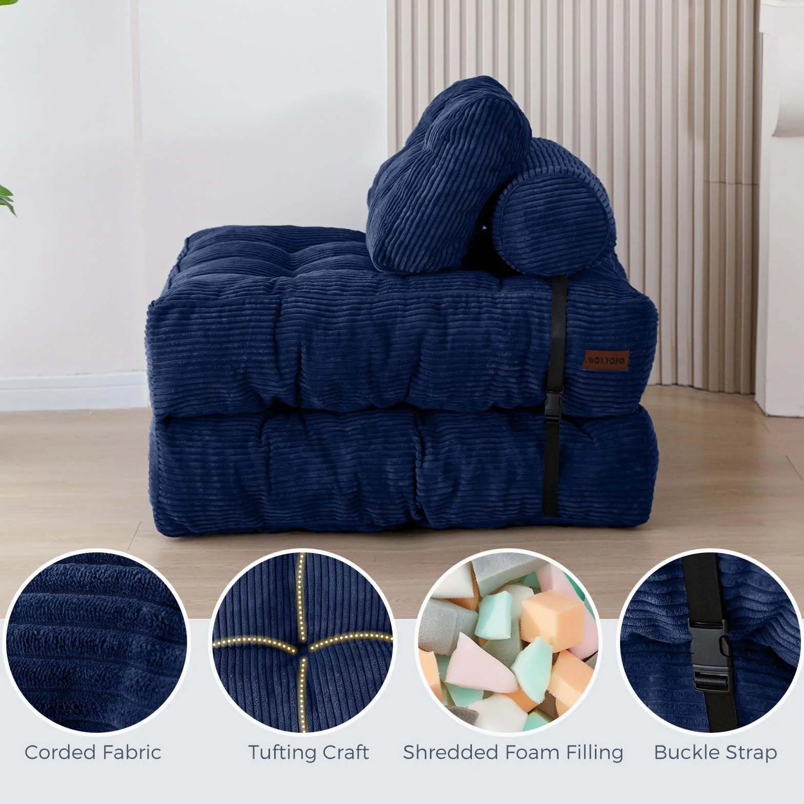 MAXYOYO Składana sofa do spania, przekształcany fotel do spania z poduszką, materac z podparciem oparcia, przenośne krzesło-łóżko, wygodna sofa podłogowa-lounge do salonu, sypialni, kolor granatowy