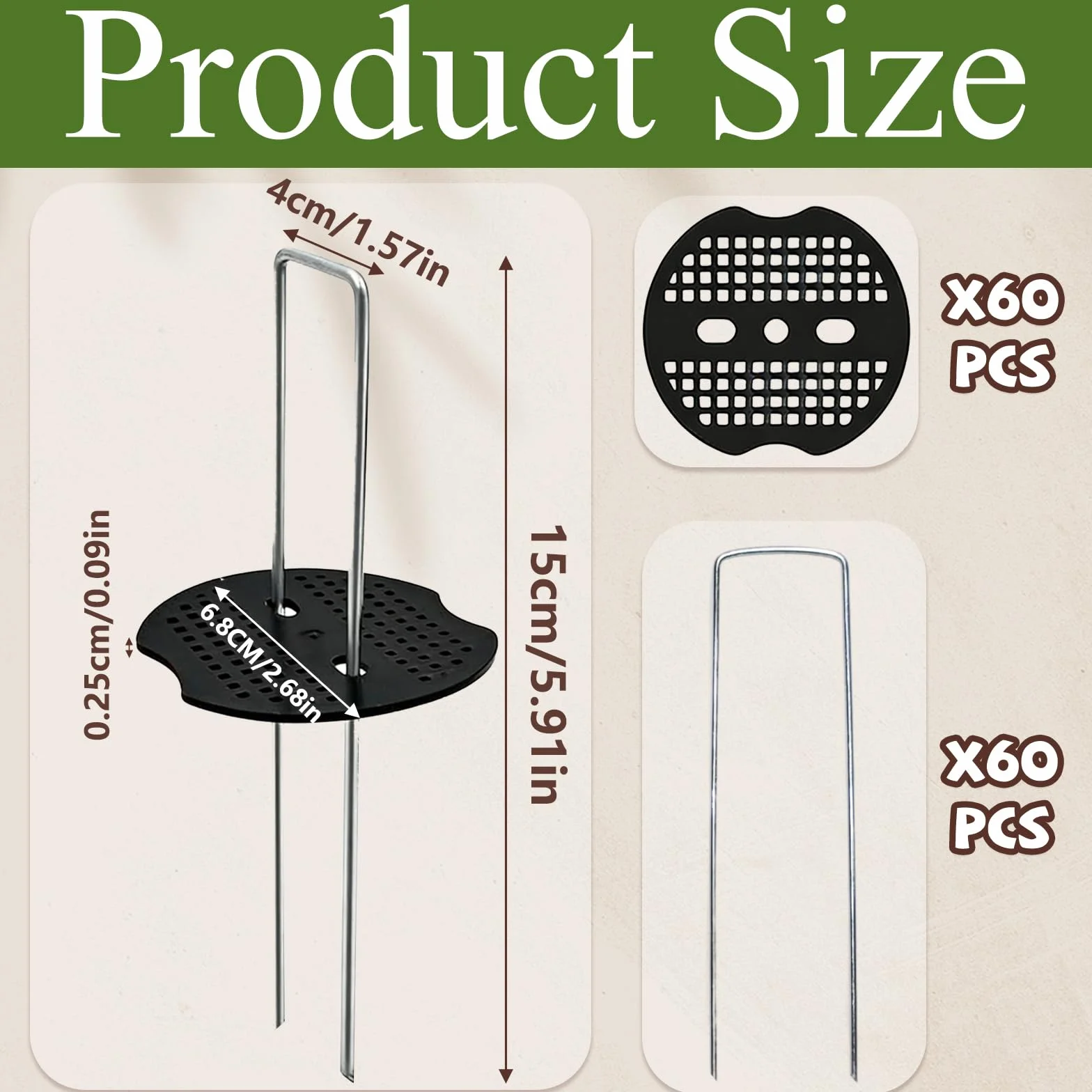 60 sztuk haczyków do kotwicy gruntowej, 60 śledzi + 60 krążków buforowych (150 x 40 mm, Ø 2,5 mm), ocynkowane śledzie ogrodowe w kształcie litery U, zestaw haczyków do mulczowania sztucznej
