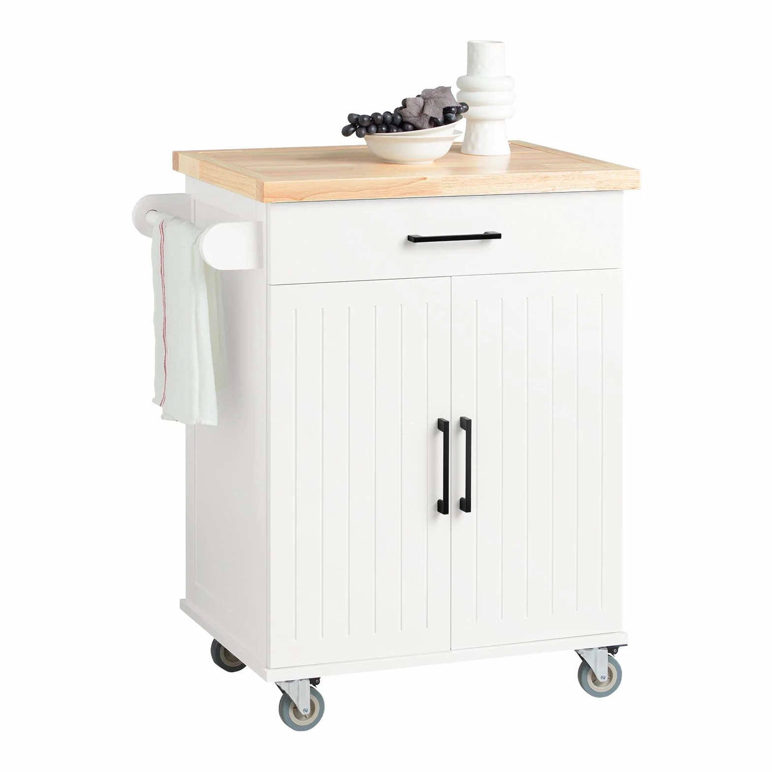 SoBuy Kitchen Island FKW119-WN Wózek kuchenny z drewna kauczukowego na kółkach, wolnostojący, do baru, szafki kuchennej, idealny do kuchni, jadalni lub restauracji, 74 x 91 x 46 cm