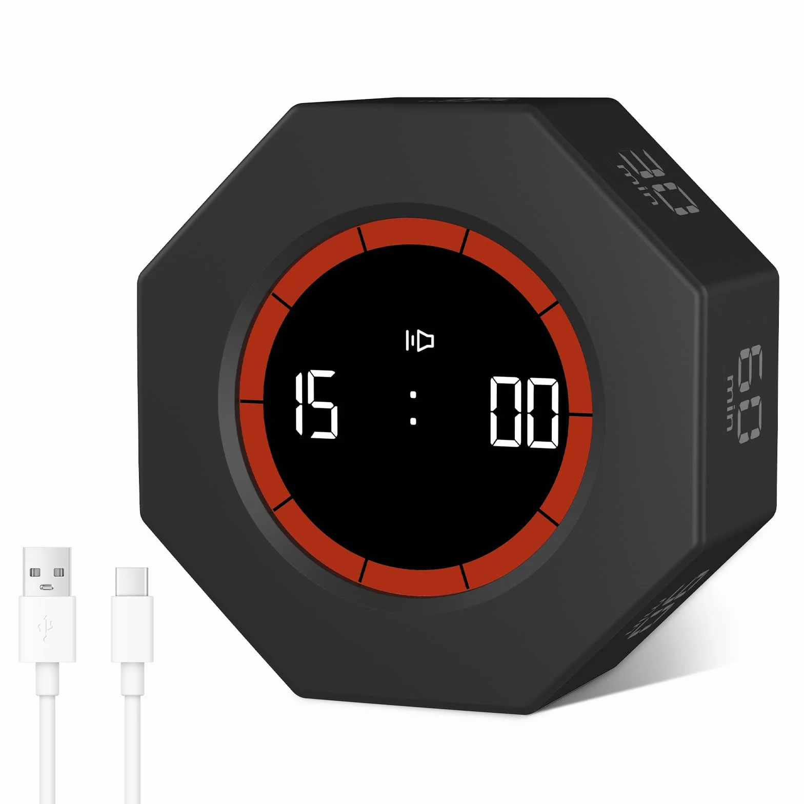 Timer kostkowy ośmiokątny Pomodoro 1-90 minut odliczanie LCD regulowany alarm czarny