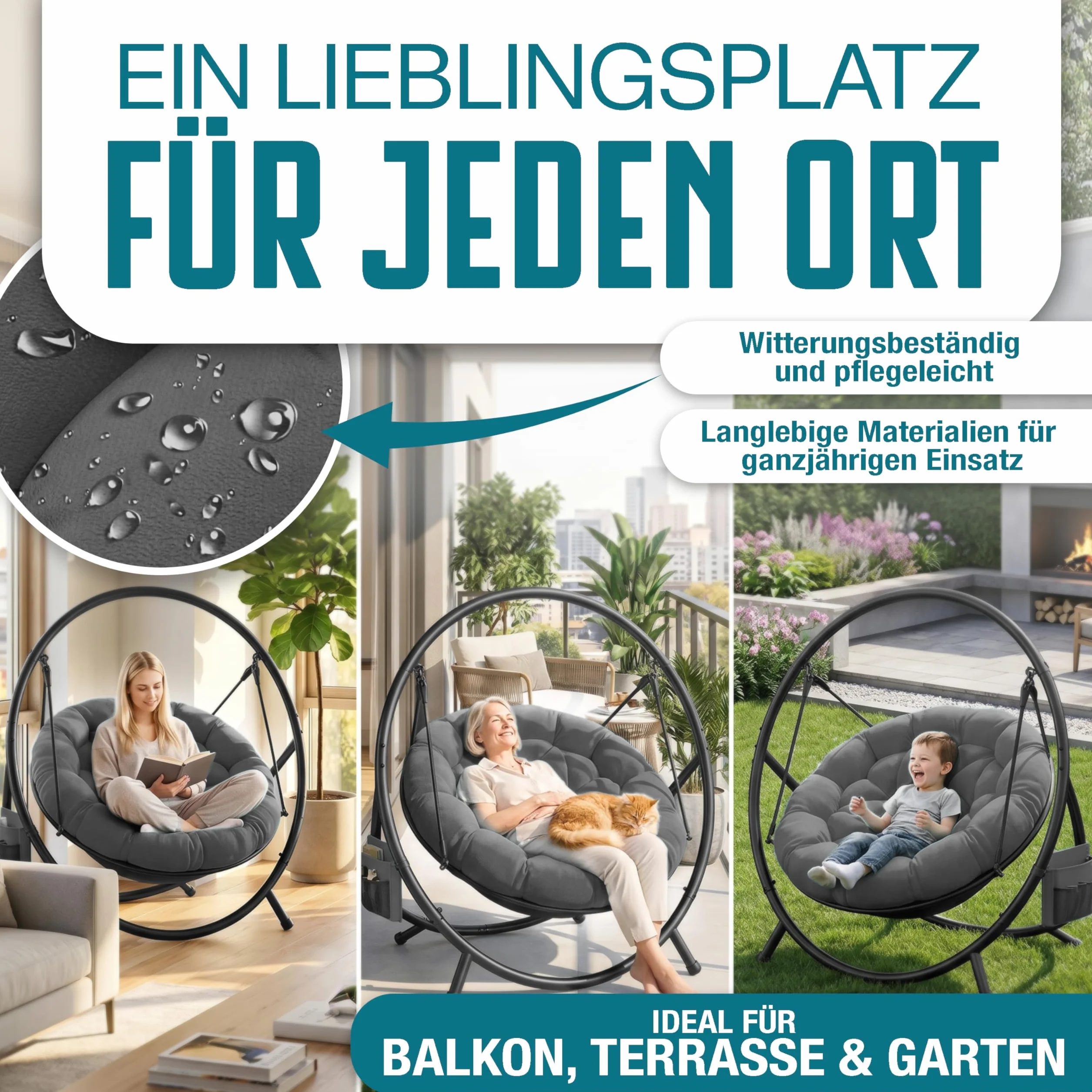 KESSER® Fotel wiszący ze stalowym stelażem, huśtawka, do 150 kg, do użytku wewnątrz i na zewnątrz, z poduszką i kieszenią boczną, kosz wiszący, piankowa poduszka, idealny do salonu i ogrodu