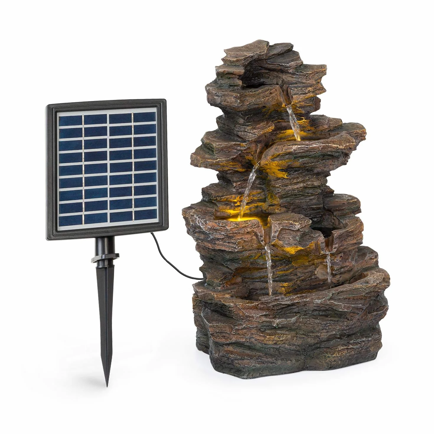 Blumfeldt Messina fontanna kaskadowa - fontanna solarna, fontanna ogrodowa, fontanna dekoracyjna, zasilanie energią słoneczną, 4 poziomy kaskady, do wewnątrz i na zewnątrz, panel słoneczny: 9 V / 2,8 W / 17,5 x 14 cm, mrozoodporny