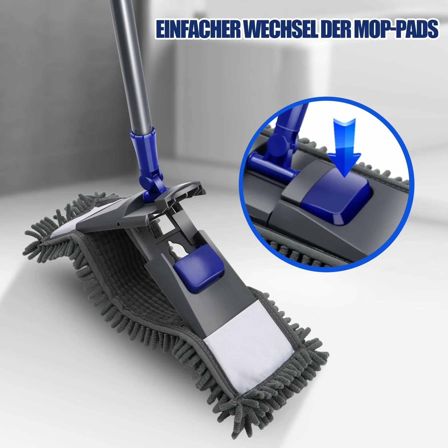 Myiosus Mop podłogowy, mop, obrót o 360°, z uchwytem teleskopowym 128 cm, płaski mop z 4 podkładkami, mop z mikrofibry do twardego drewna, laminatu, płytek, szybkie usuwanie