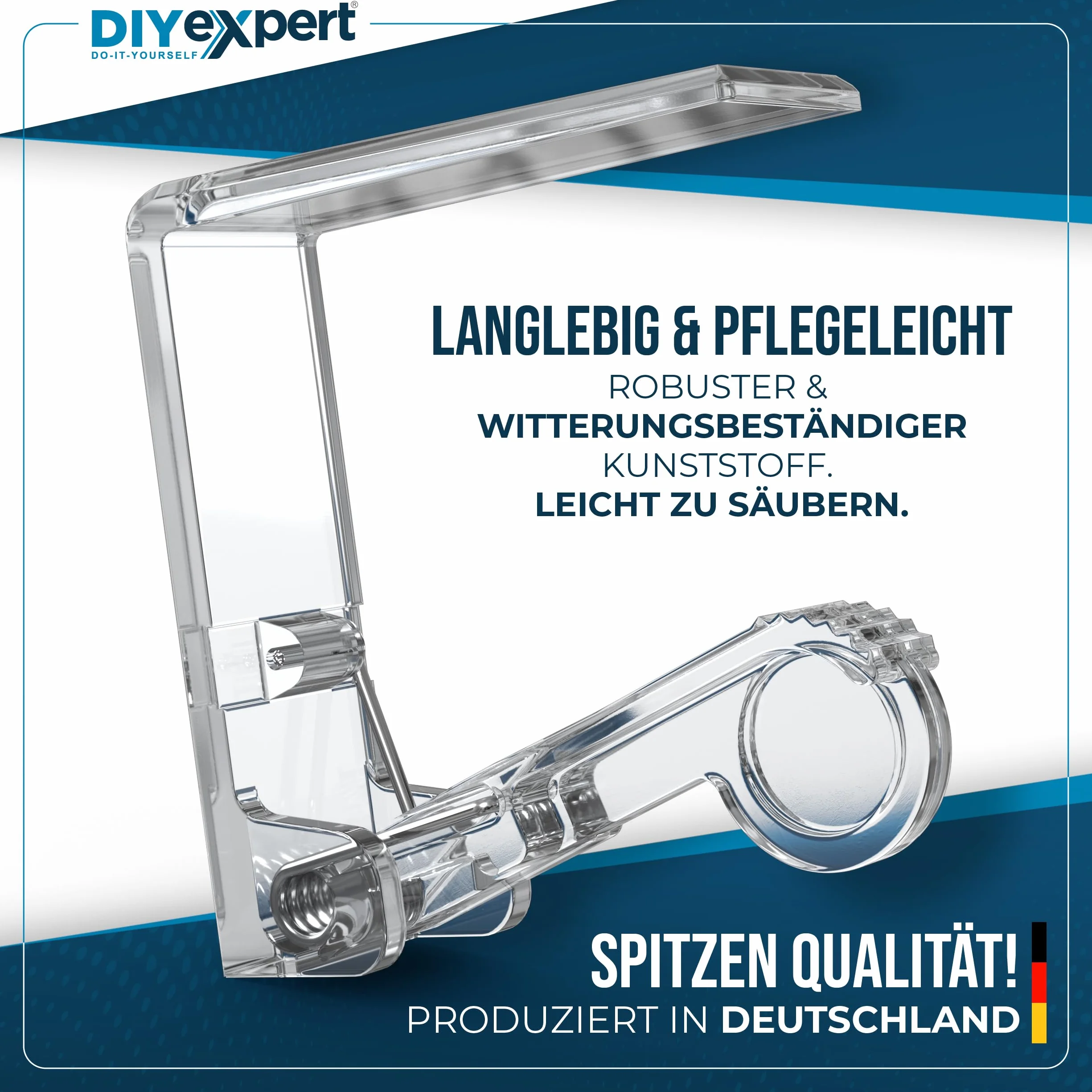 DIYexpert Przezroczyste klamry do obrusów, wyprodukowane w Niemczech, 4 sztuki, stabilne klamry do grubych stołów do 45 mm, odporne na warunki atmosferyczne i antypoślizgowe, do ogrodu, na balkon i do