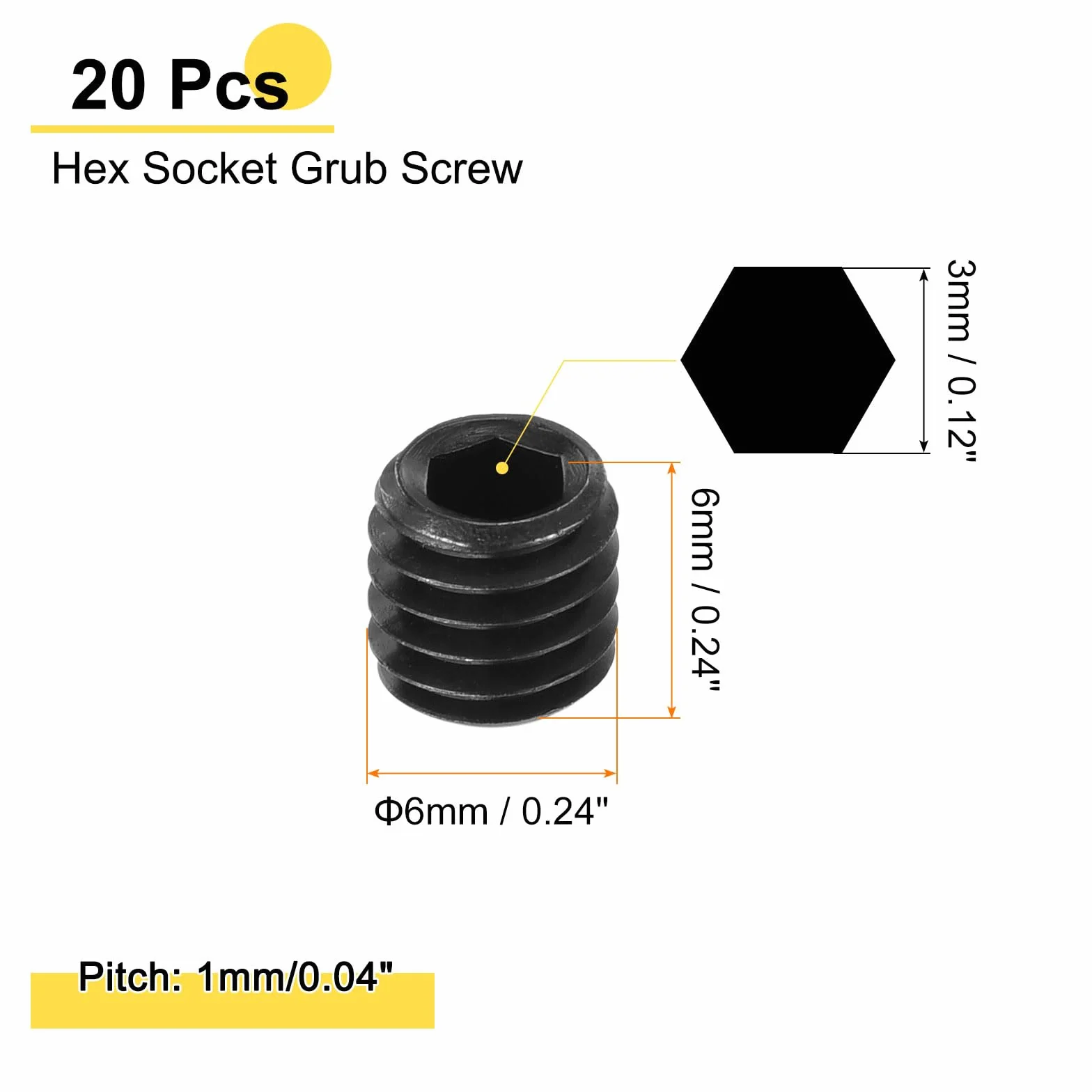 QUARKZMAN 20 sztuk wkrętów z łbem sześciokątnym z łbem sześciokątnym, M6 x 6 mm, ze stali stopowej, łeb sześciokątny, zestaw śrub płasko-punktowych do klamek drzwi, naprawa lamp, kolor czarny