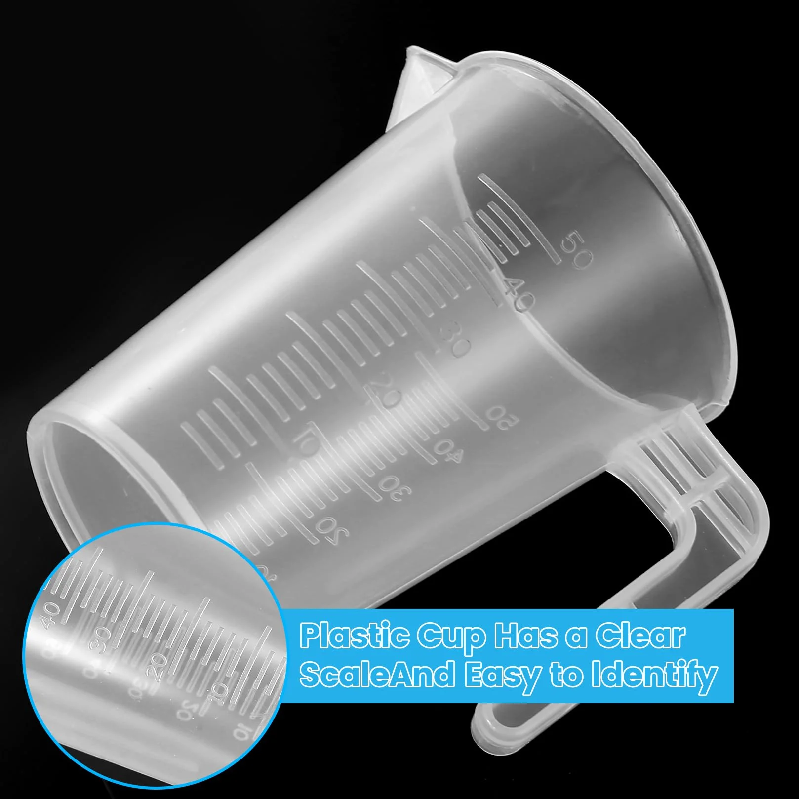Zestaw 5 Miarek, 50ml 100ml 250ml Kubki Miarowe, Precyzyjne Plastikowe Miarki z Podziałką i Uchwytem, Pojemniki Miarowe do Laboratorium Kuchni Pieczenia Gotowania Prania Detergentu