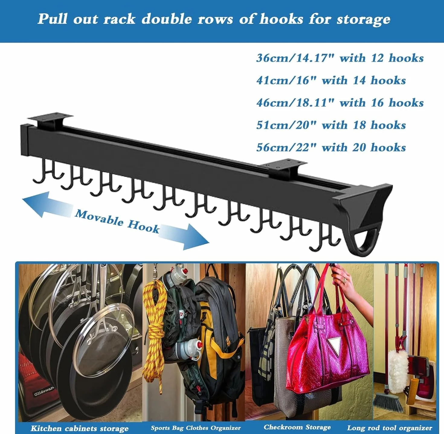 Pull Out Mop Broom Holder with Heavy Duty Hooks Pans Pots Racks for Cabinets Pull Out, Multifunctional Slide Broom and Mop Organizer