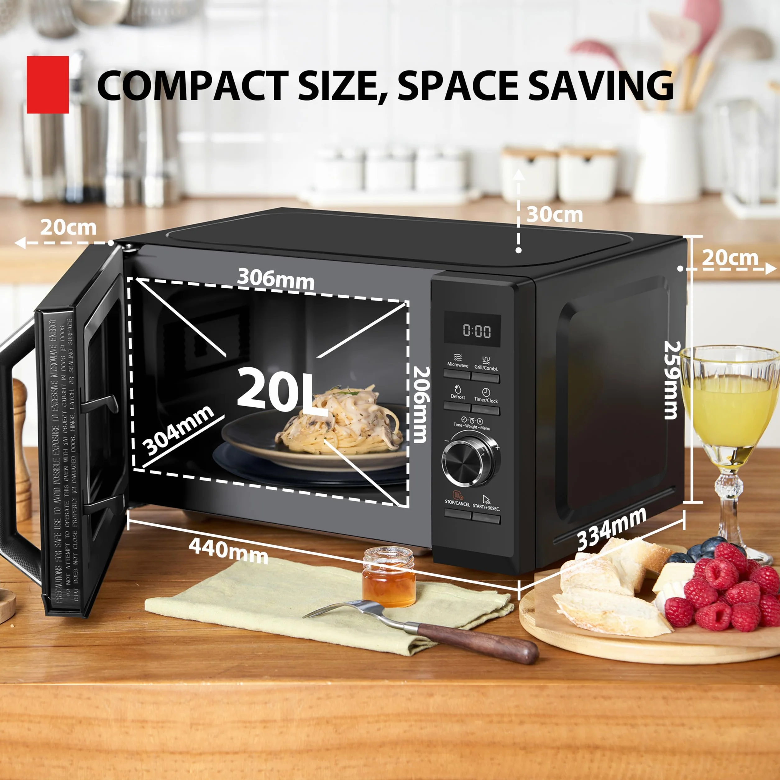 Toshiba MW3-AG20PE (BK) kuchenka mikrofalowa z grillem, 20 l, kuchenka mikrofalowa 3 w 1, rozmrażanie kuchenne, kuchenka mikrofalowa, grill, kombi, 5 poziomów mocy, 8 automatycznych programów, łatwe