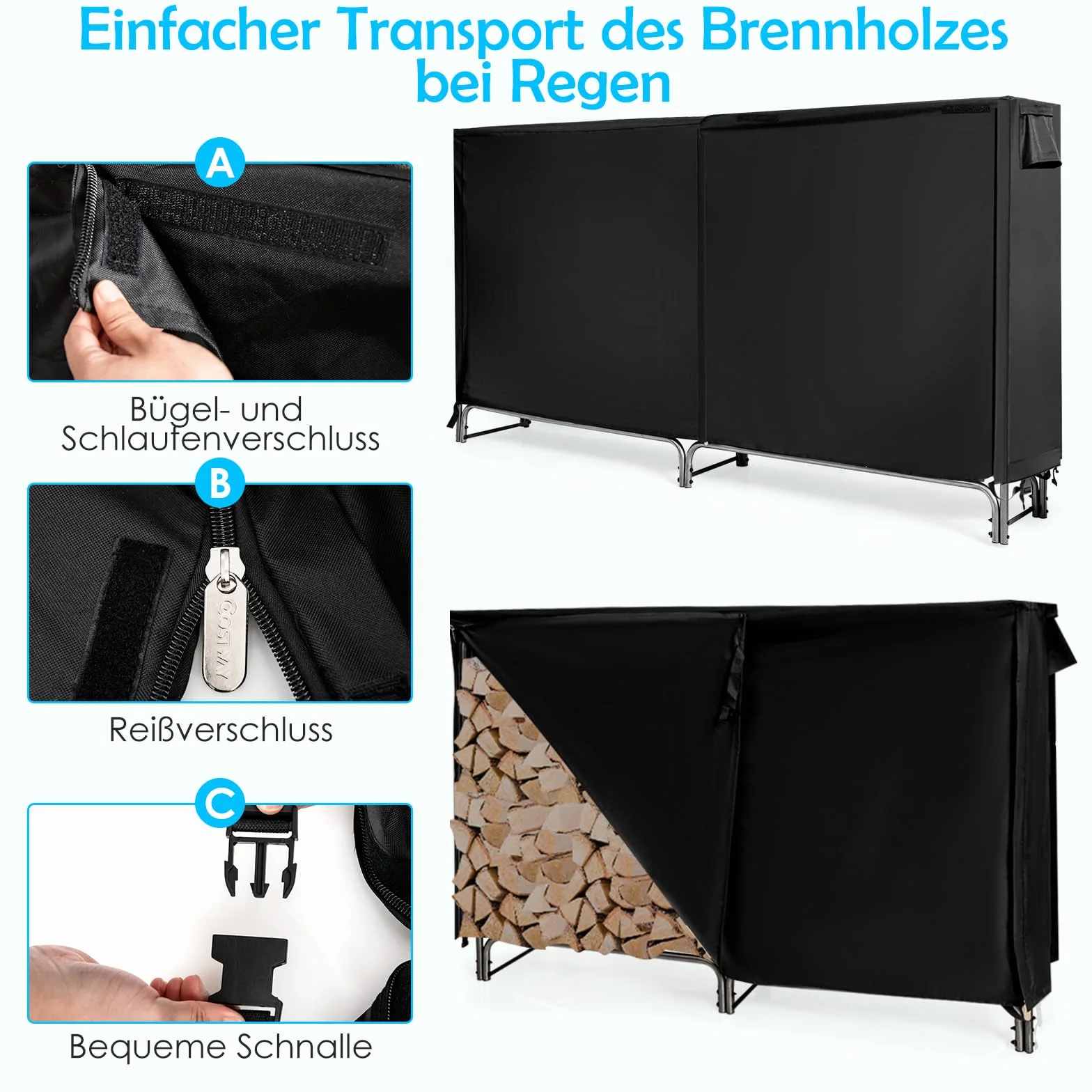 COSTWAY Metalowy regał na drewno kominkowe, 184 x 35,5 x 122,5 cm, regał na drewno opałowe z wodoodporną osłoną, stojak na drewno kominkowe, regał na drewno opałowe do użytku na zewnątrz