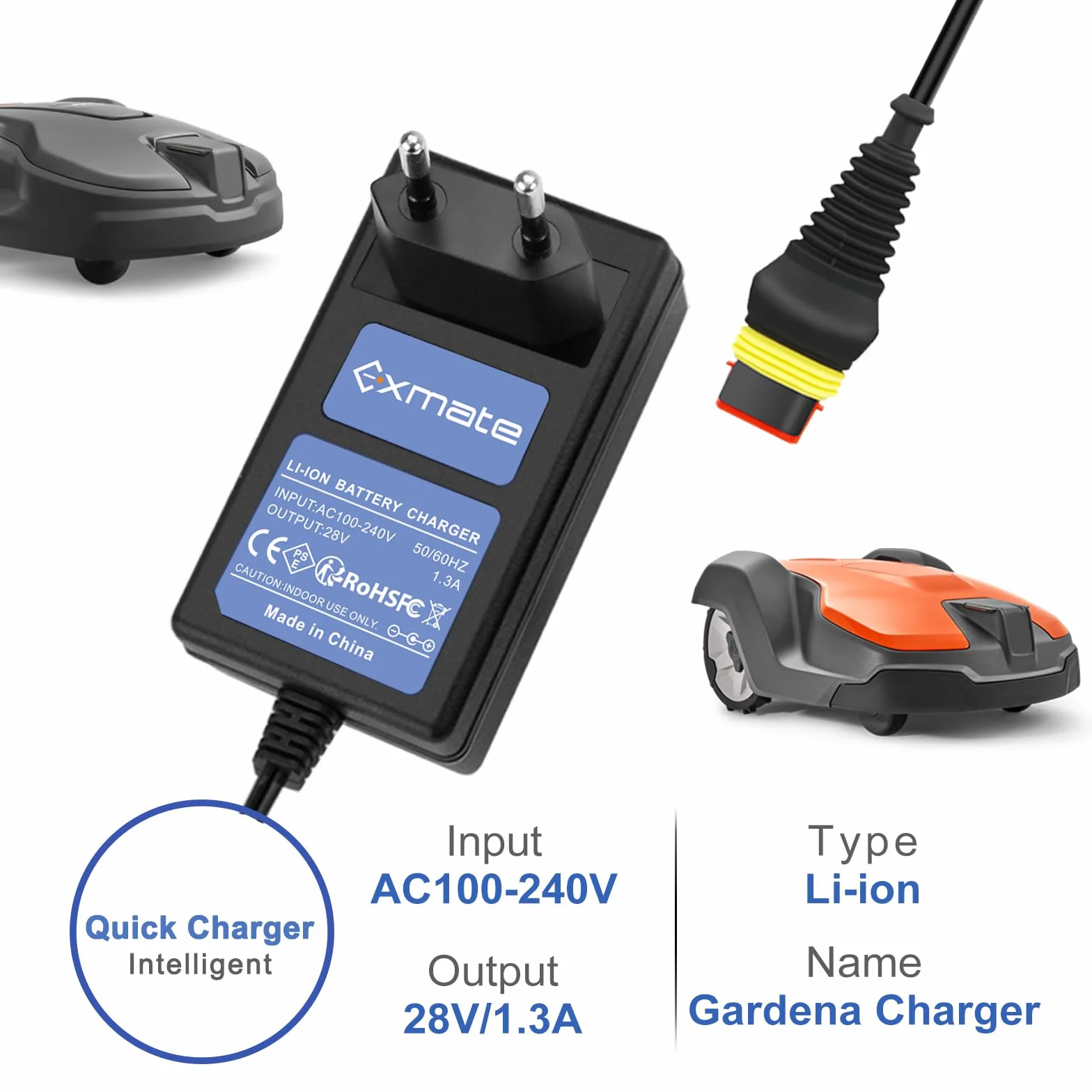 Exmate Adapter 28 V 1,3 A zasilacz sieciowy kompatybilny z Husqvarna Automower 105 305 310 315X 405X 415X, ładowarka do kosiarki Gardena 2016+/Sileno 2018+