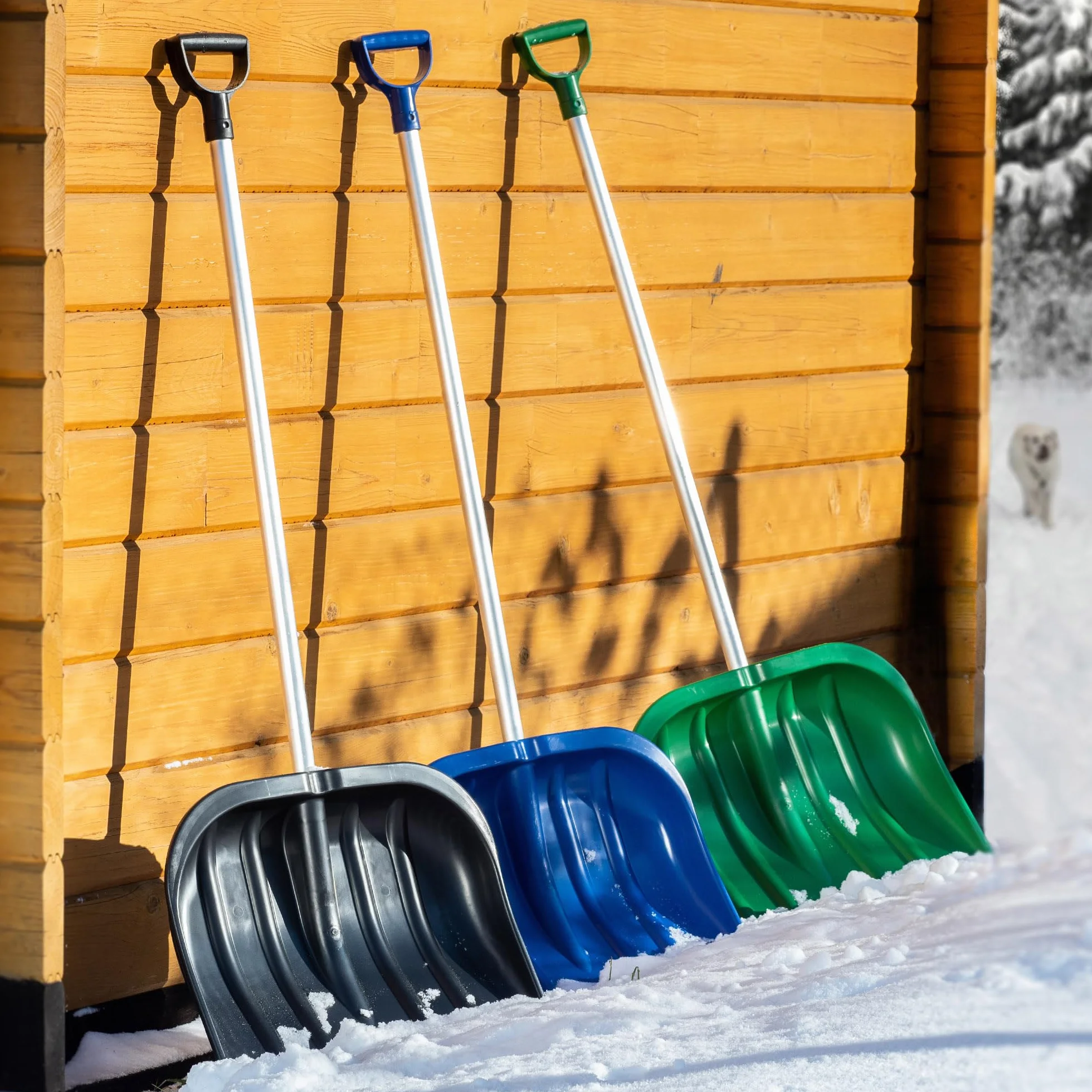 KADAX Plastikowa łopata do śniegu, szerokość: 49 cm, wyprofilowana szufla do odśnieżania z długim trzonkiem, łopata z uchwytem w kształcie litery D (drewniany trzonek, czarny)