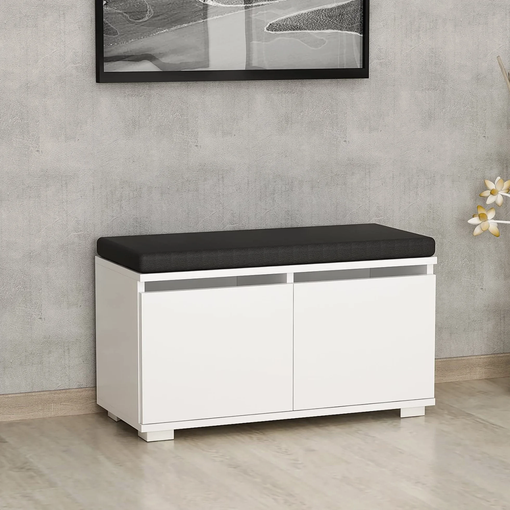 [en.casa] Szafka na buty z 4 półkami, ławka do siedzenia z siedziskiem 42 x 80 x 35 cm, szafka na buty z poduszką do siedzenia, biała