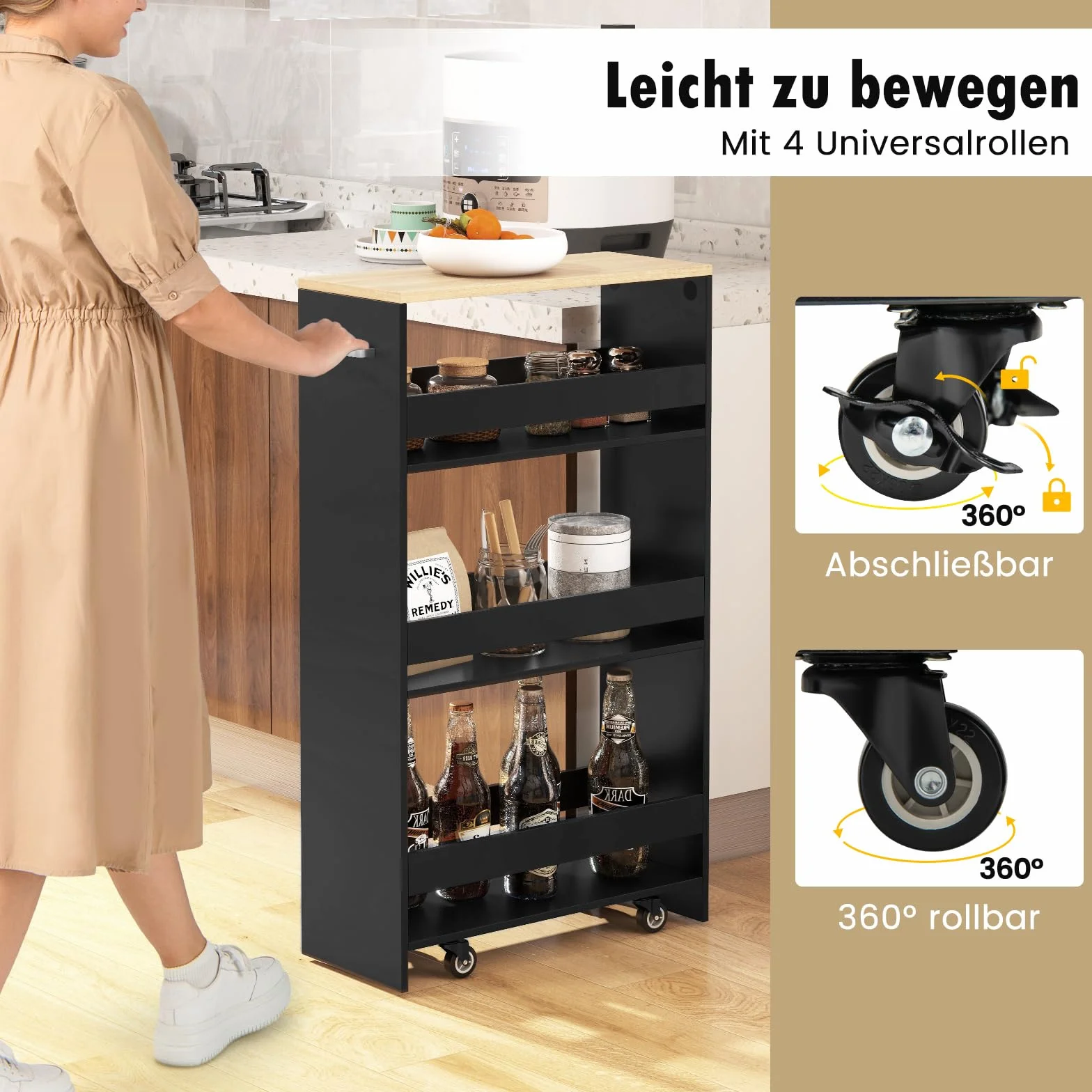 COSTWAY Wózek wnękowy o szerokości 20 cm, 4 poziomy, wózek kuchenny, wąski, regał wnękowy na kółkach, wózek do serwowania z uchwytem i poręczami, regał łazienkowy, do kuchni, łazienki, 47,5 x 20 x