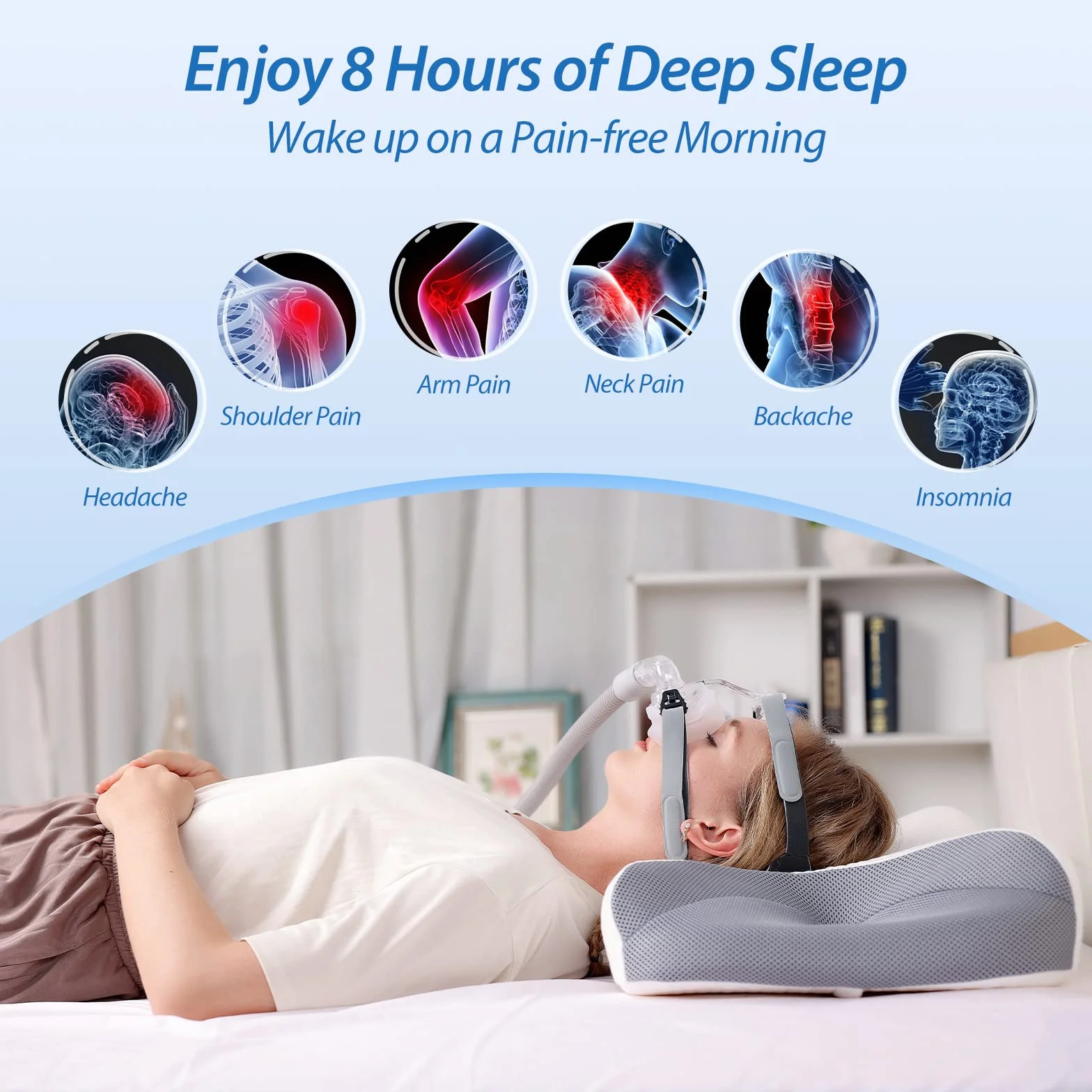 HOMCA CPAP Poduszka dla osób śpiących na boku, poduszka z pianki Memory Foam na bezdech senny, odpowiednia dla wszystkich użytkowników masek CPAP, redukuje wycieki powietrza, 65x40x9/11cm (Szary)