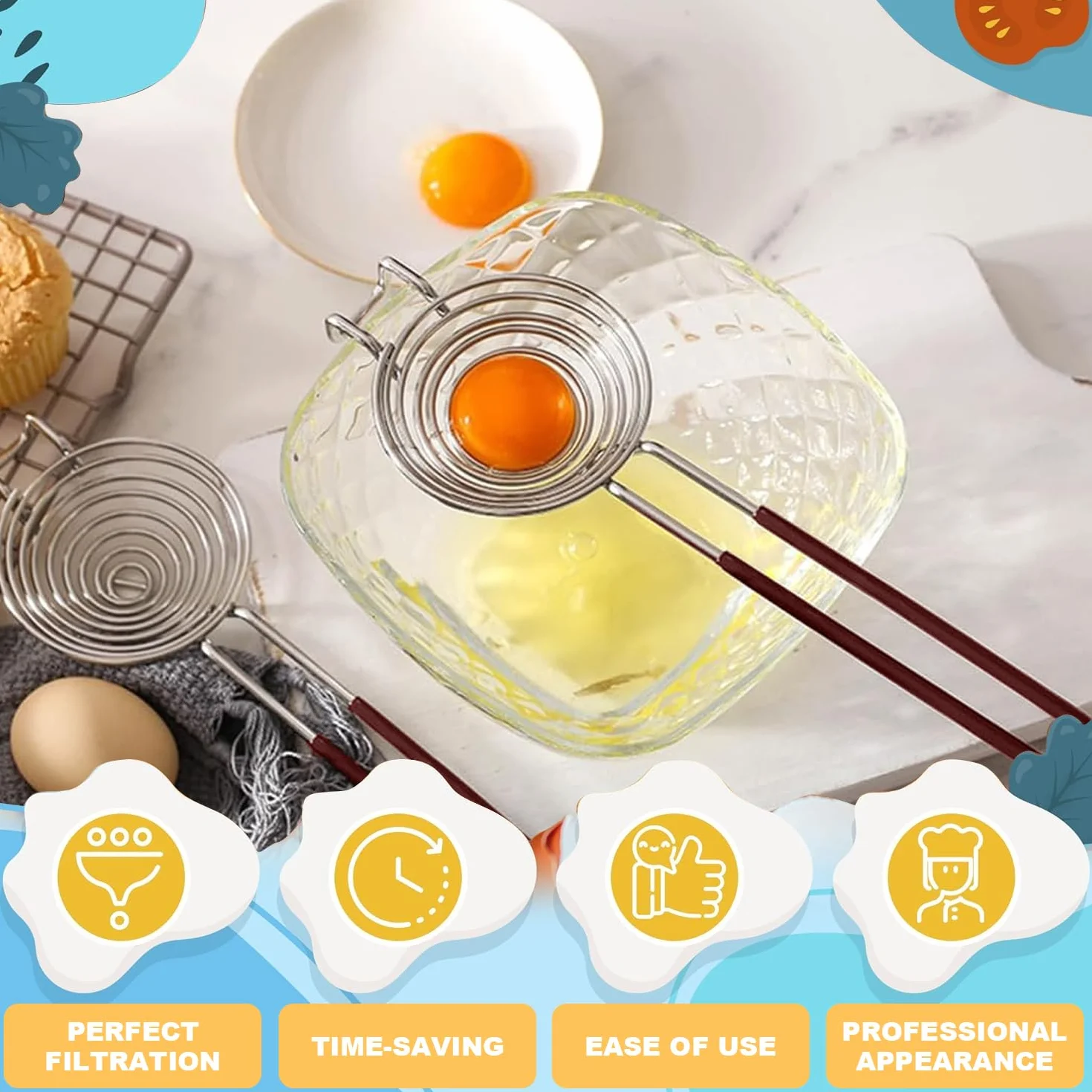 Separator do jajek ze stali nierdzewnej, z uchwytami, separator żółtek, filtr do oddzielania jajek, nadaje się do kuchni, gospodarstwa domowego, hotelu, restauracji