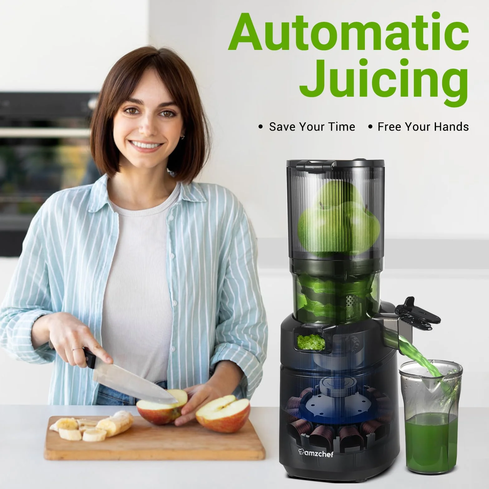 AMZCHEF Automatyczna sokowirówka All-in-One, otwór 135 mm i 1,8 l sokowirówka do warzyw i owoców, 250 W, zwycięzca testu z potrójnym filtrem, kolor czarny