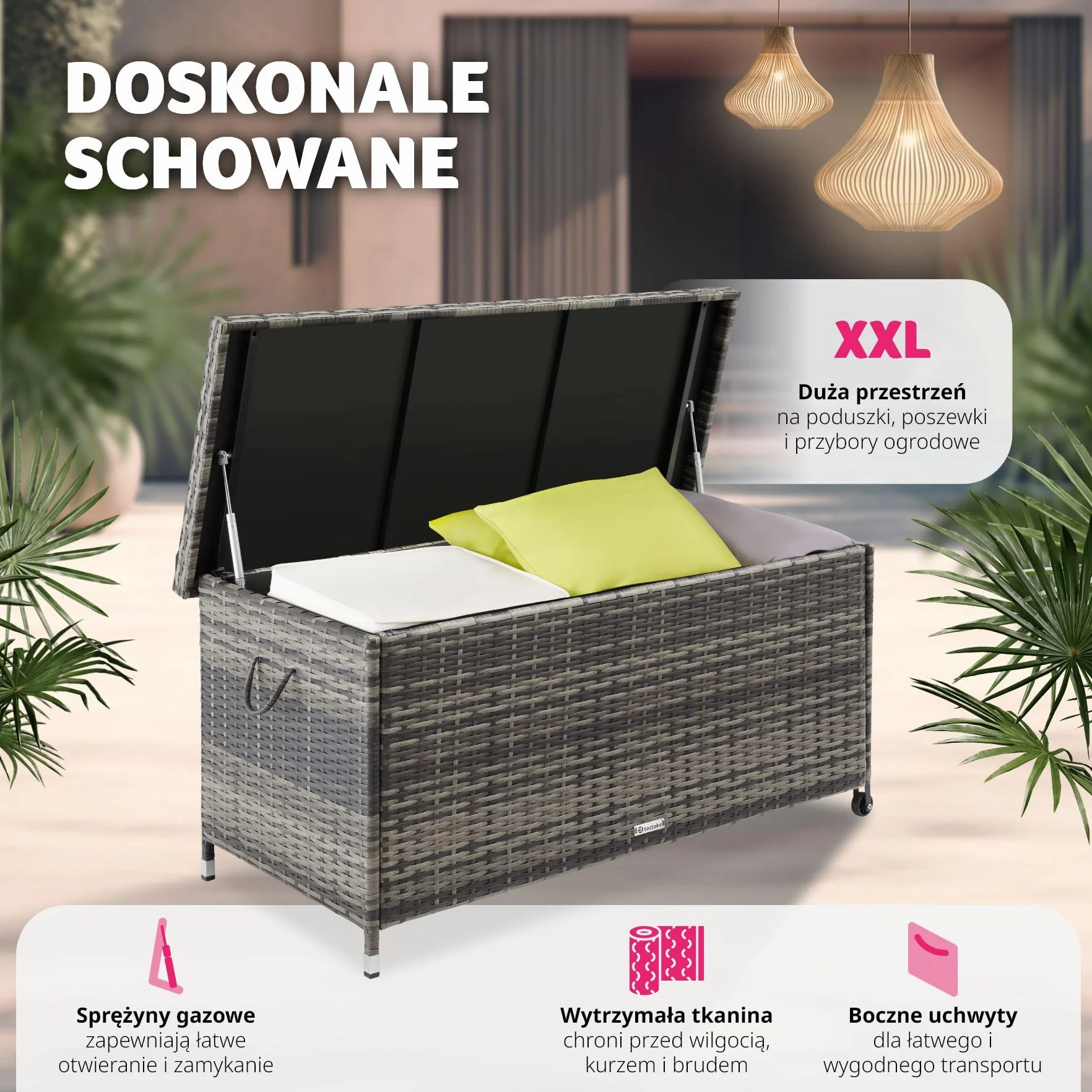tectake® Uniwersalna Skrzynia Ogrodowa, Duża Pojemność 297l, 117x54x64cm, Trwała Plecionka z Polirattanu, Wytrzymała Rama z Aluminium, Wzmocniona Pokrywa z Systemem Sprężyny Gazowej (Szary)