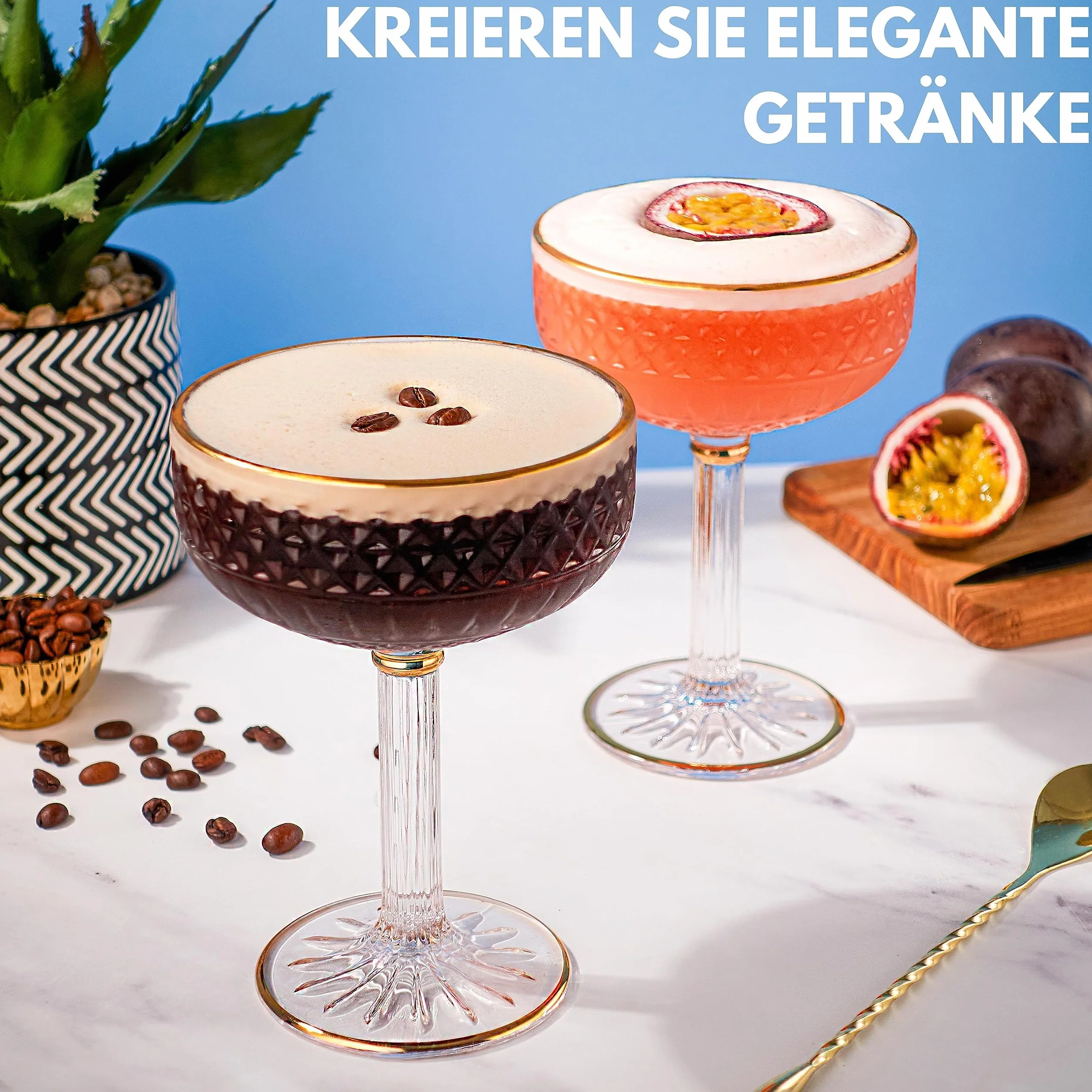 VEMACITY Zestaw 4 kieliszków do espresso Martini ze złotymi felgami, piękne, wzorzyste kieliszki Coupe, zestaw 4 sztuk, uniwersalne kieliszki do szampana, kosmopolitycznego, margarity, coupe martini.