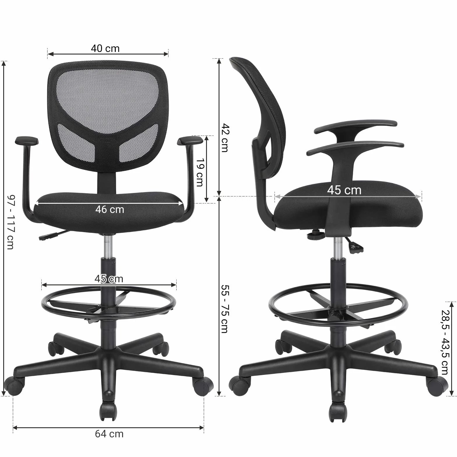 SONGMICS Krzesło biurowe, lniane siedzisko, ergonomiczne siedzisko, taboret, z podnóżkiem z regulacją wysokości, obracany o 360°, do biura stojącego, kolor czarny OBN25BK