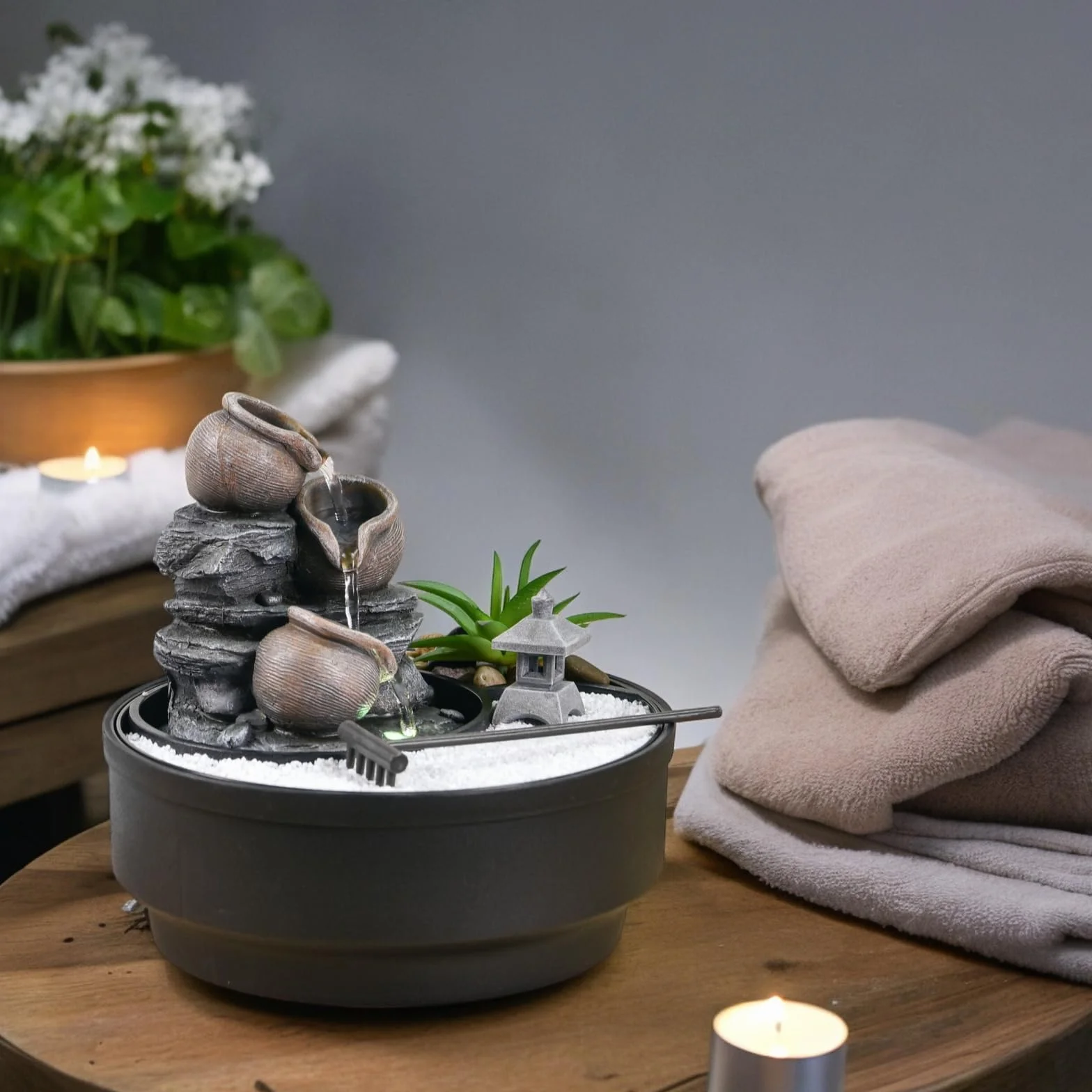 Fontanna ogrodowa Zen, fontanna wodospadowa, kolorowe światło LED, relaksująca dekoracja nastrojowa, ogród Zen biały piasek, fontanna stołowa zamknięta obwód, H21 cm - Oasis Zen'Light