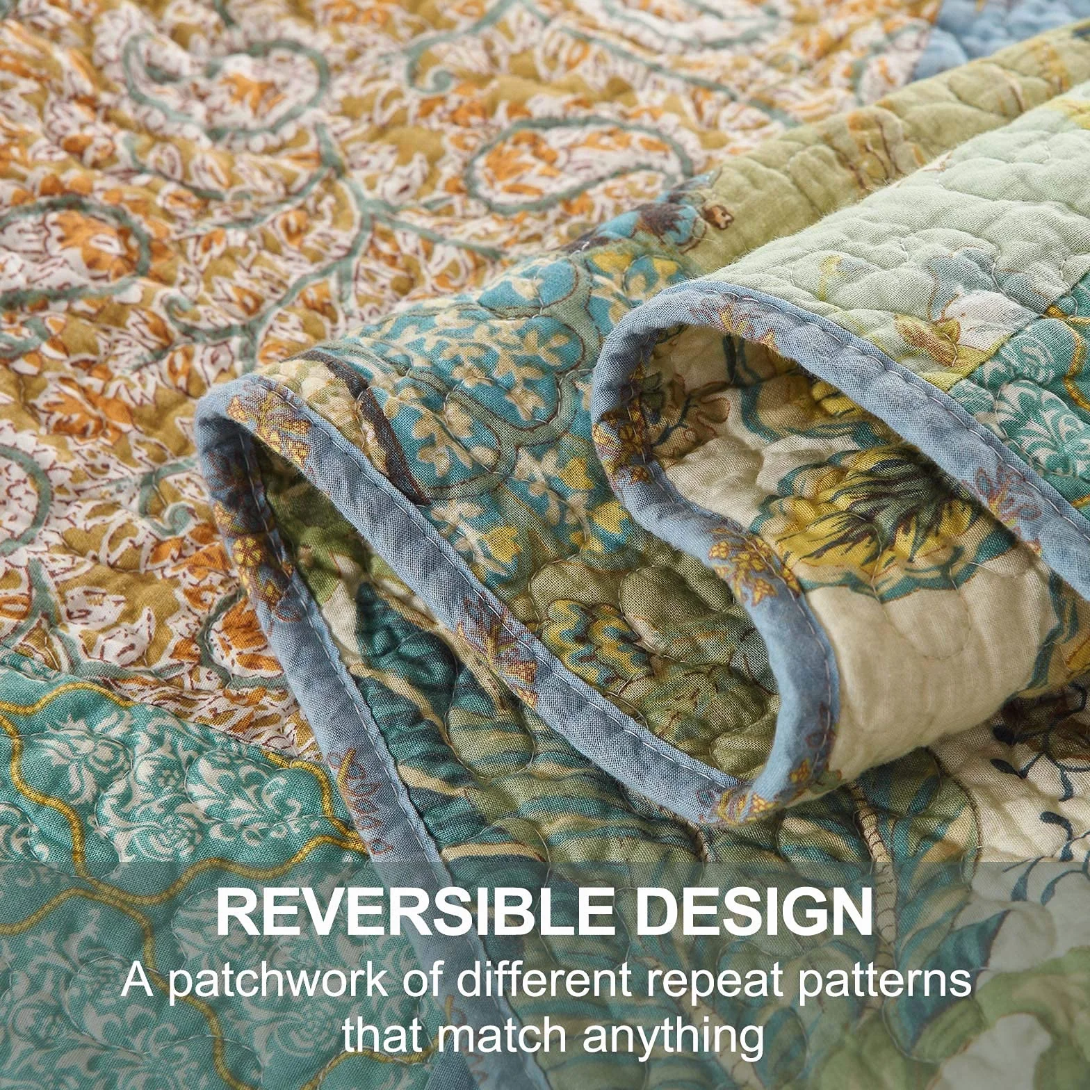 Qucover Pikowany koc patchworkowy Double 100% bawełna, retro, szykowny, wzorowany na paisley, kwiatowy, patchworkowy koc na łóżko 230x230 cm, kołdry z 2 poszewkami na poduszki