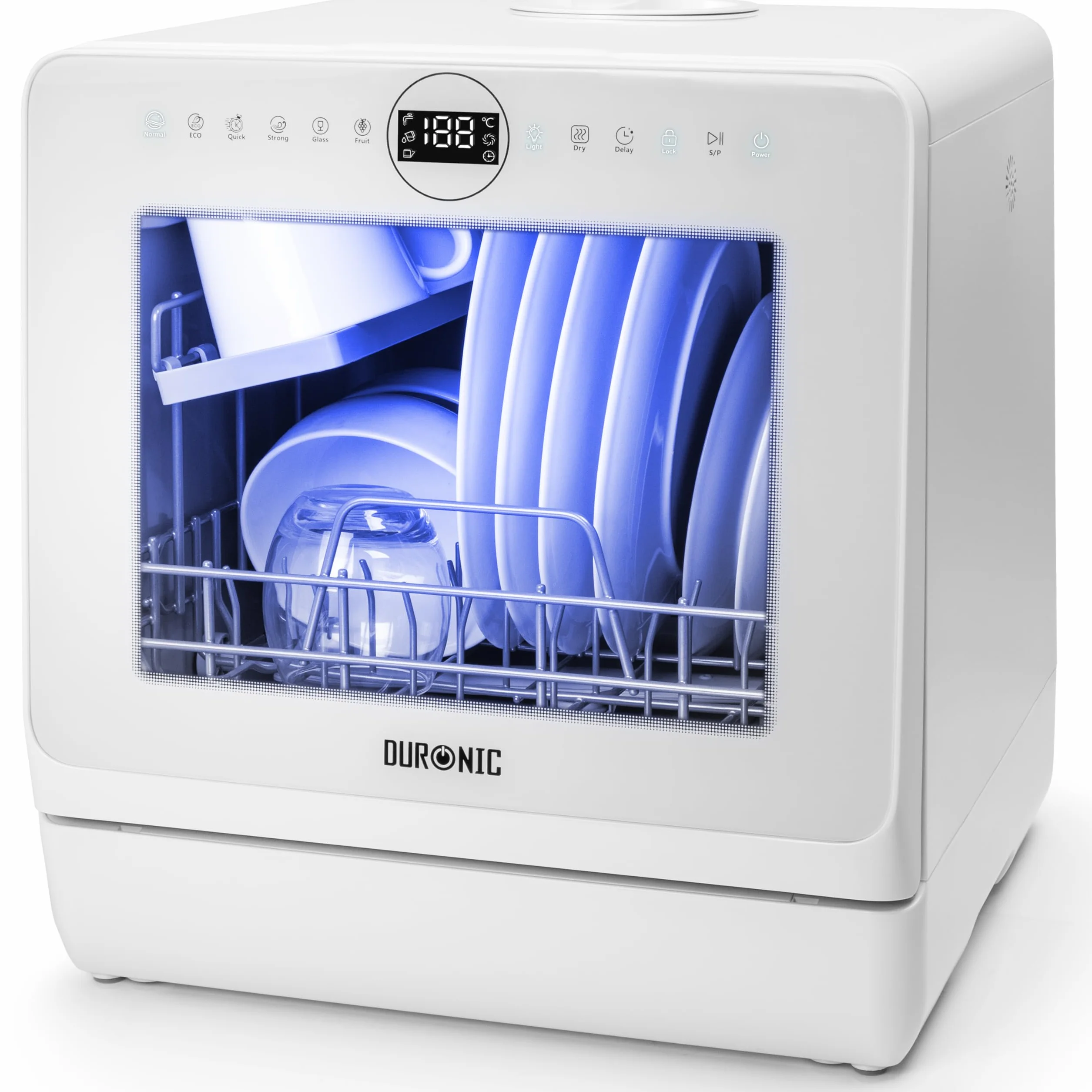 Duronic DW5 WE Zmywarka nablatowa z lub bez przyłącza wody 950W przenośna kompaktowa 5l /cykl do naczyń szkła owoców mała zmywarka stołowa biała