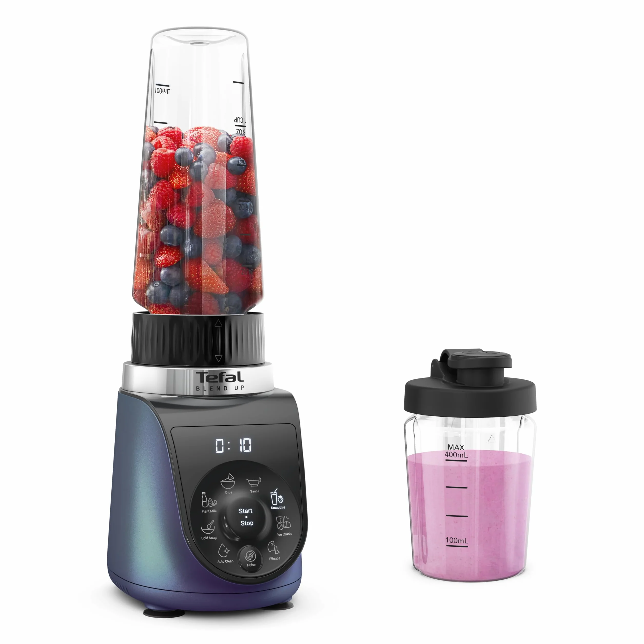 Tefal BL19H4 Blend Up wysokowydajny mini blender, kompaktowy, 8 automatycznych programów, funkcja kruszenia lodu, wszechstronne noże Powelix, łatwe czyszczenie, niebieski