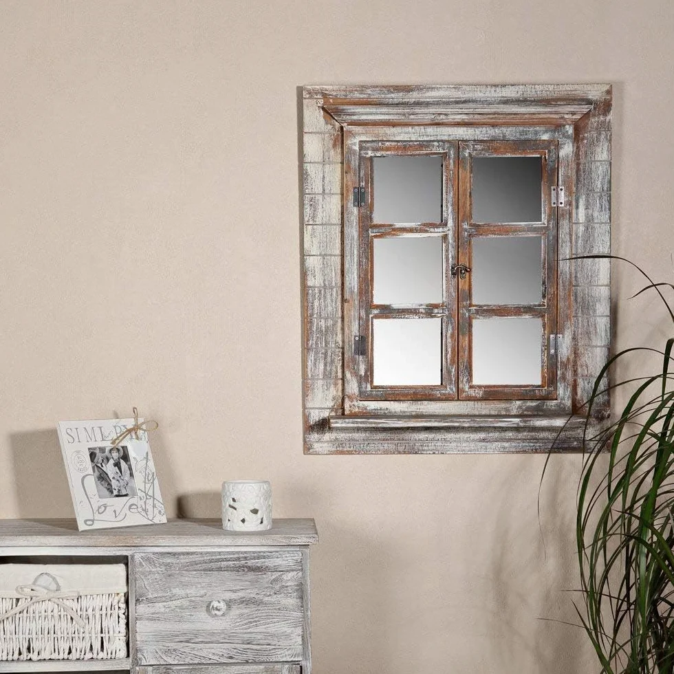 Melko lustro ścienne z okiennicami, 64 x 54 cm, Shabby Chic, okno z lustrem i półką, może być używane jako ramka na zdjęcia 13 x 13 cm