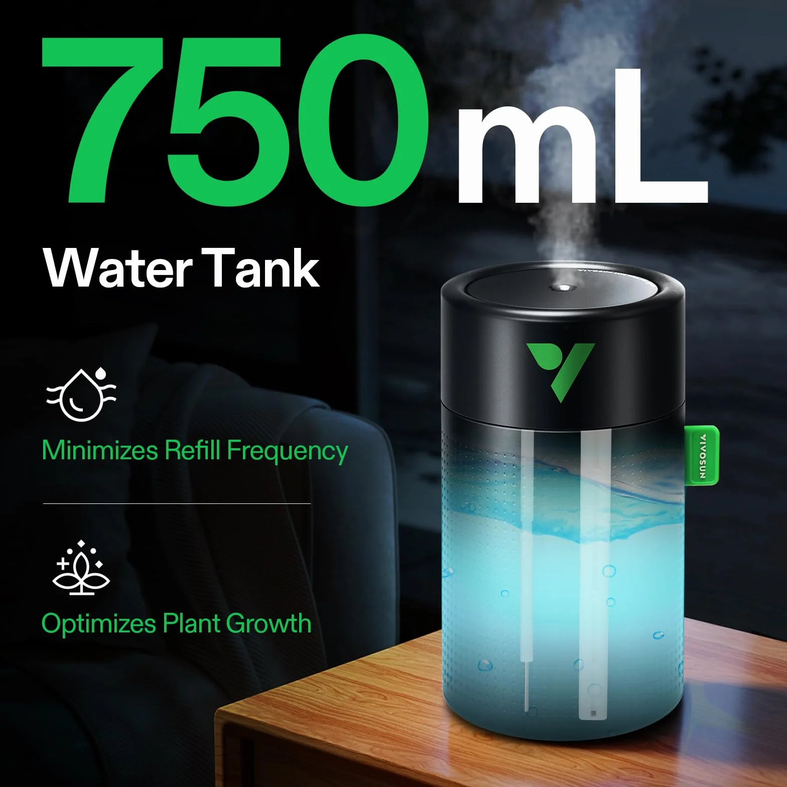 VIVOSUN AeroStream U075 Nawilżacz USB, 750 ml, mini nawilżacz z 2 trybami mgły, automatyczne wyłączanie, inteligentny pilot zdalnego sterowania, zaprojektowany do namiotów do uprawy / VGrow