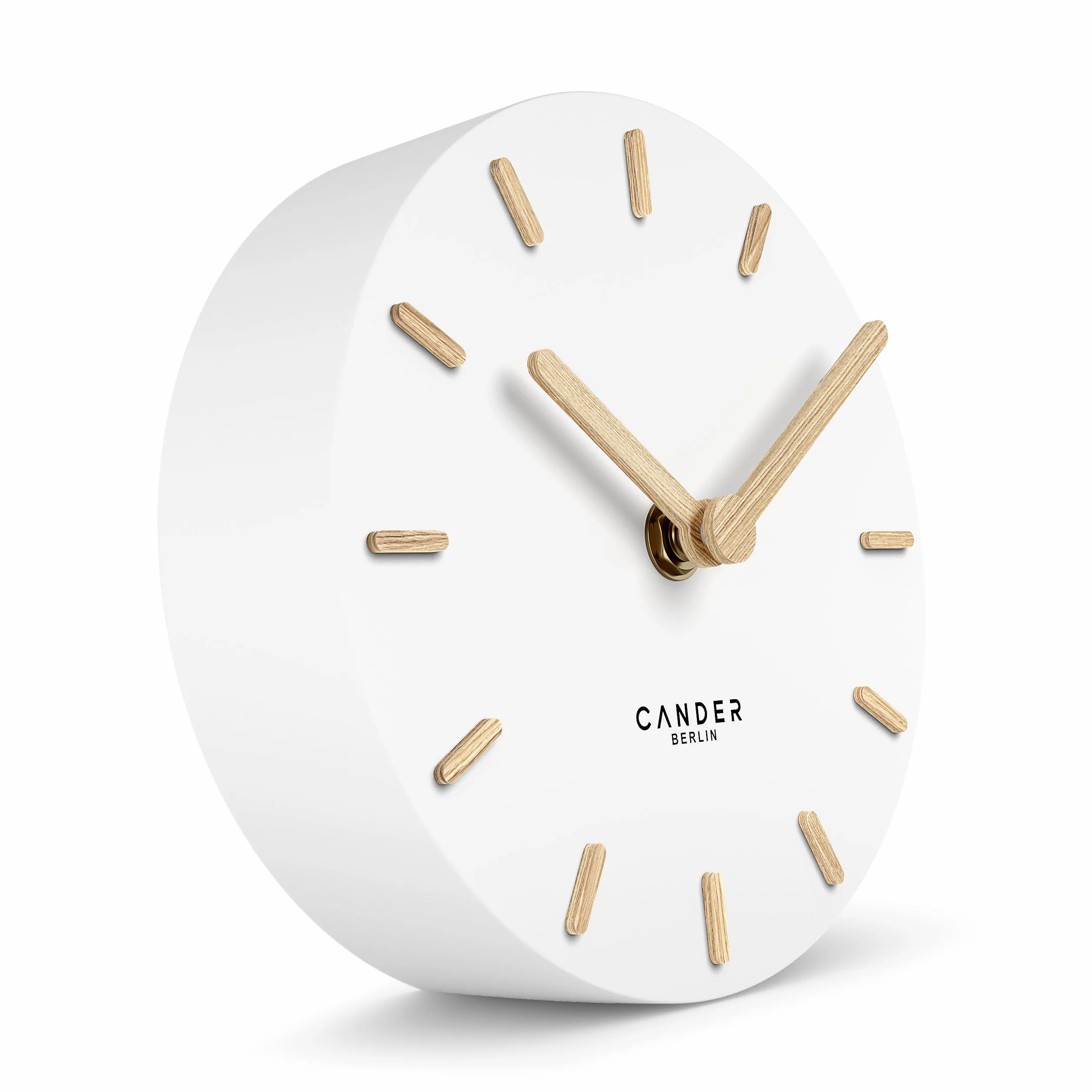 Cander Berlin MNU 2515 F zegar stołowy bezgłośny, bez tykania, 15 cm, analogowy, zasilany bateriami, biały, płyta MDF, wskazówka drewniana