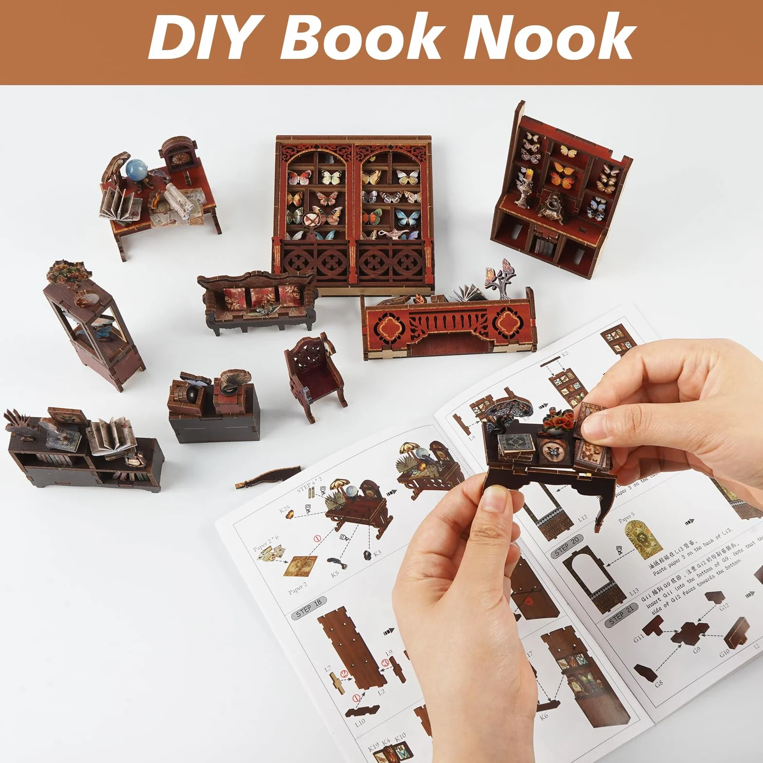 Book Nook DIY Kit - Drewniany model z oświetleniem LED i ochroną przeciwpyłową, kreatywna dekoracja półek, miniaturowy kącik książki dla dorosłych