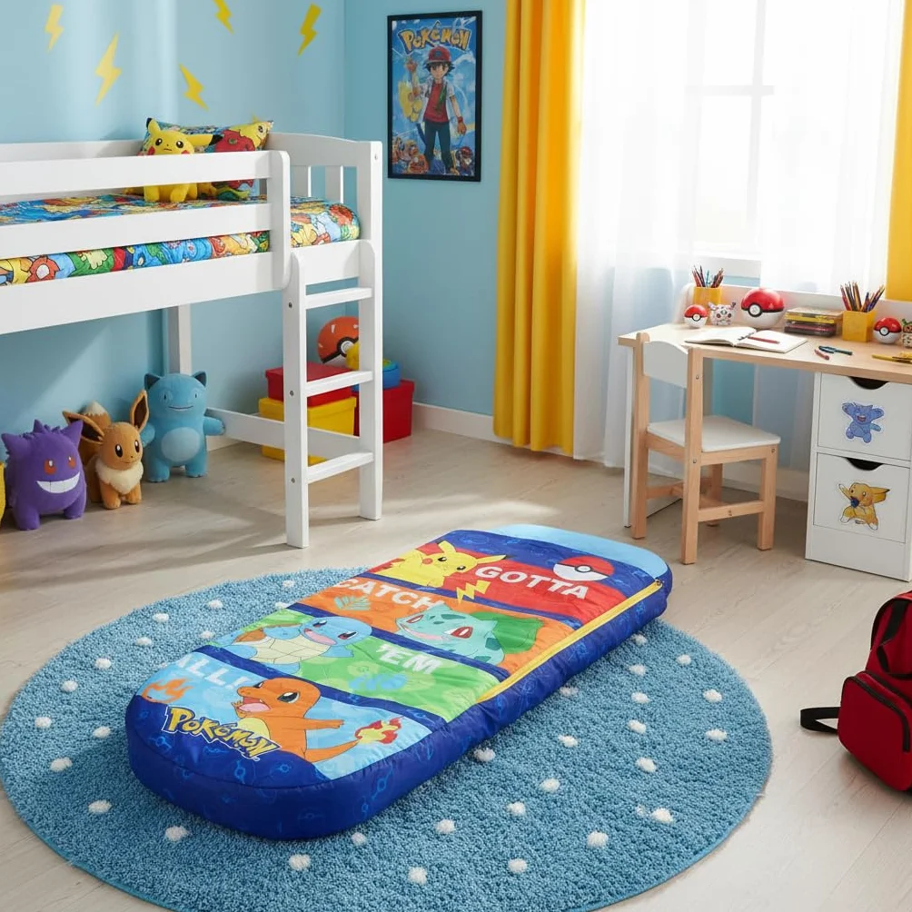Character World Pokemon ReadyBed nadmuchiwane łóżko dmuchane i śpiwór z pompką, materac podróżny na nocowanie, kemping lub do użytku domowego