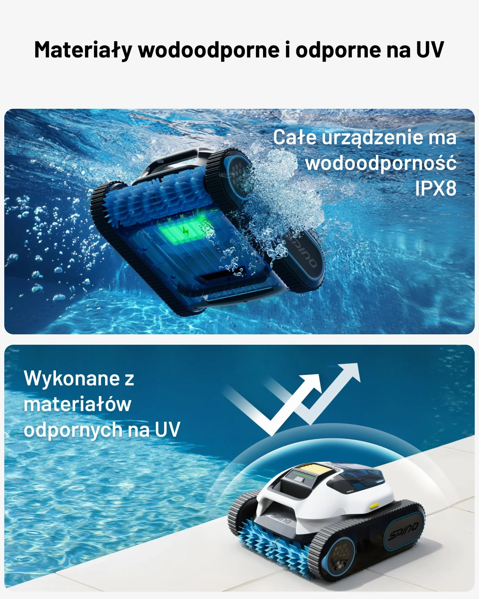 Bezprzewodowy robot basenowy SPINO E1, czas pracy 210 minut, wydajność 21950 l/h, 5 trybów pracy robota basenowego, czyszczenie ścian i linii wodnej, sterowanie aplikacją, ścieżka SmartArc