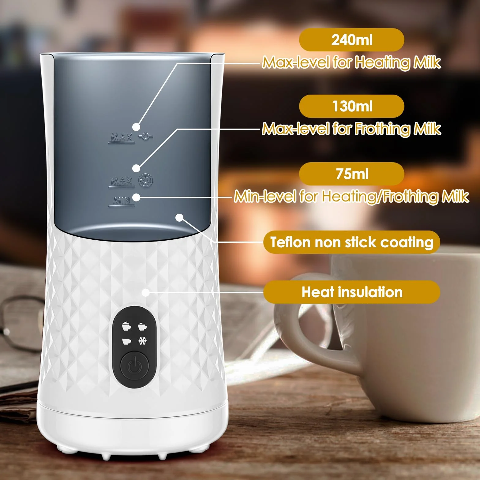 Dreamhigh Elektryczny spieniacz do mleka 4 w 1, 400 W, 240 ml, 2 trzepaczki