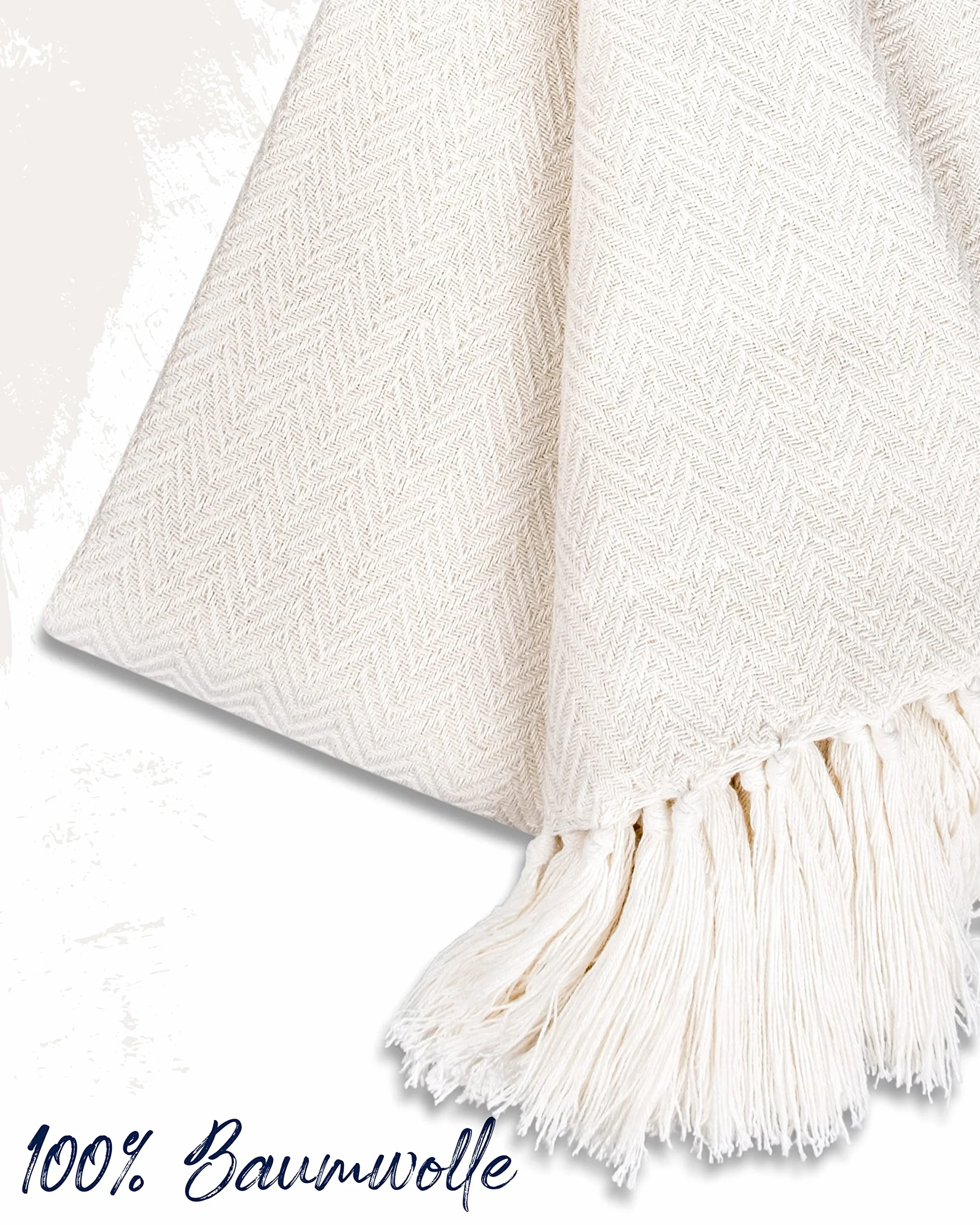 Gräfenstayn Narzuta klasy premium z frędzlami, XXL, 100% bawełna, wzór w jodełkę, koc, na lato, na łóżko, na kanapę, na sofę, 220 x 240 cm, kremowa