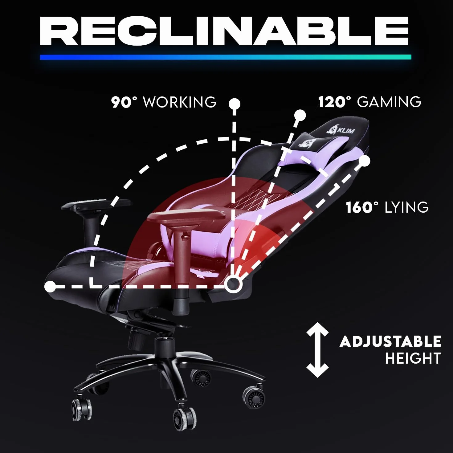 KLIM eSports Gaming Chair + z obsługą lędźwi i szyi + regulowany fotelik gier + ergonomiczny krzesło PC + skóra syntetyczna i materiały premium + Nowa wersja Czarny