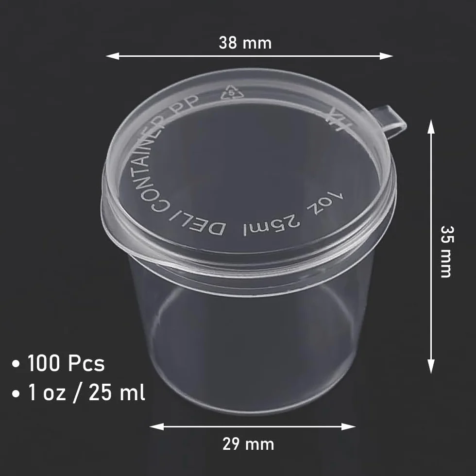 Plastikowe pojemniki do sosów 25 ml 100 szt z pokrywkami