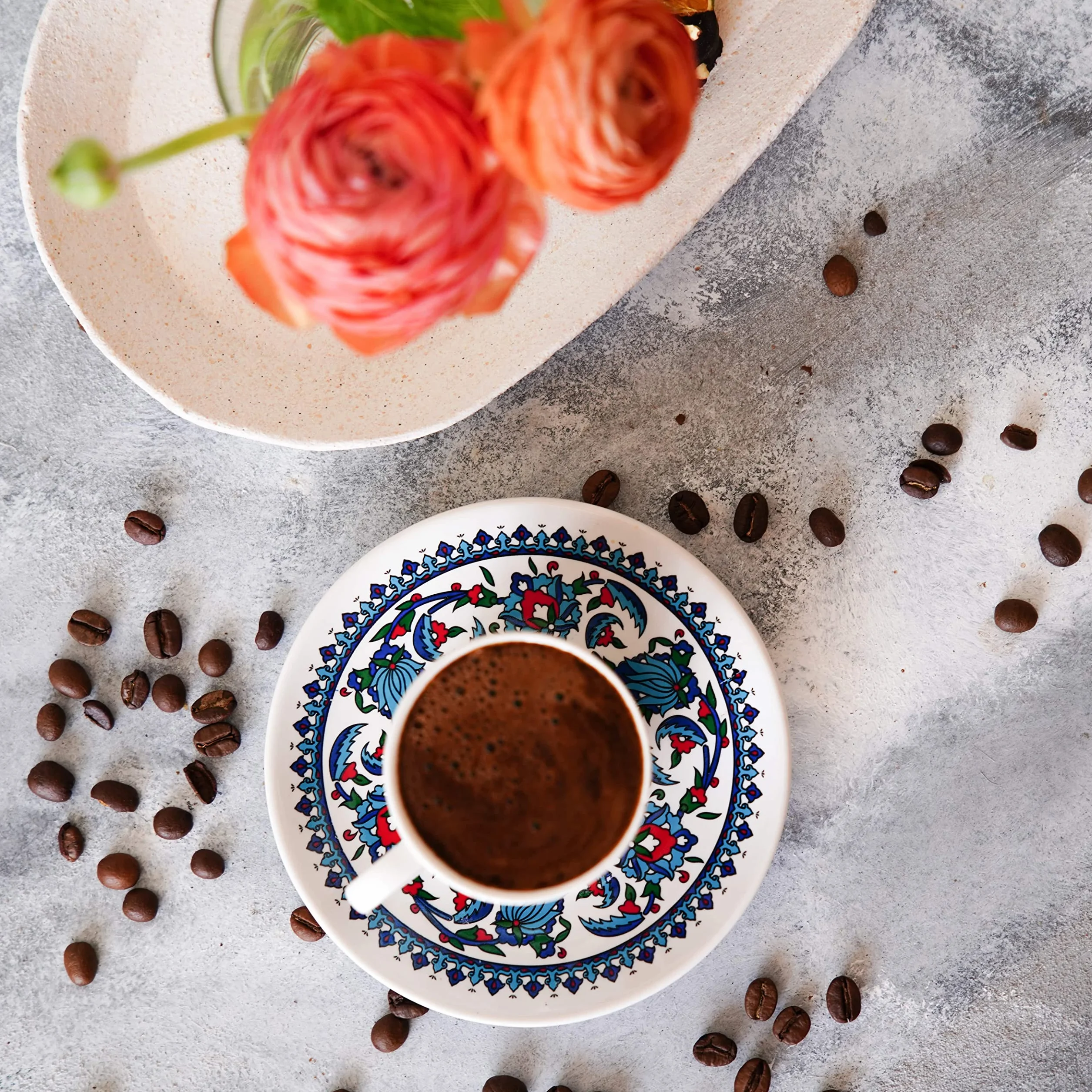Zestaw 6 ceramicznych filiżanek do kawy ze spodkami, do espresso, mycie w zmywarce