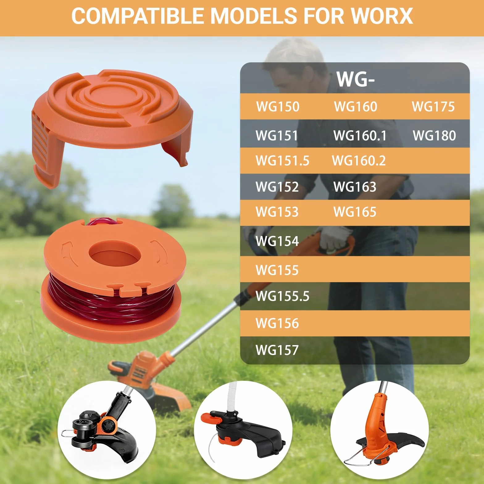 Gucass Zestaw 12 zapasowych szpul z żyłką do podkaszarki, kompatybilny ze wszystkimi podkaszarkami Worx 20 V, średnica 1,65 mm, 3 m, zawiera 10 opakowań żyłki do podkaszarki i 2 opakowania zaślepek
