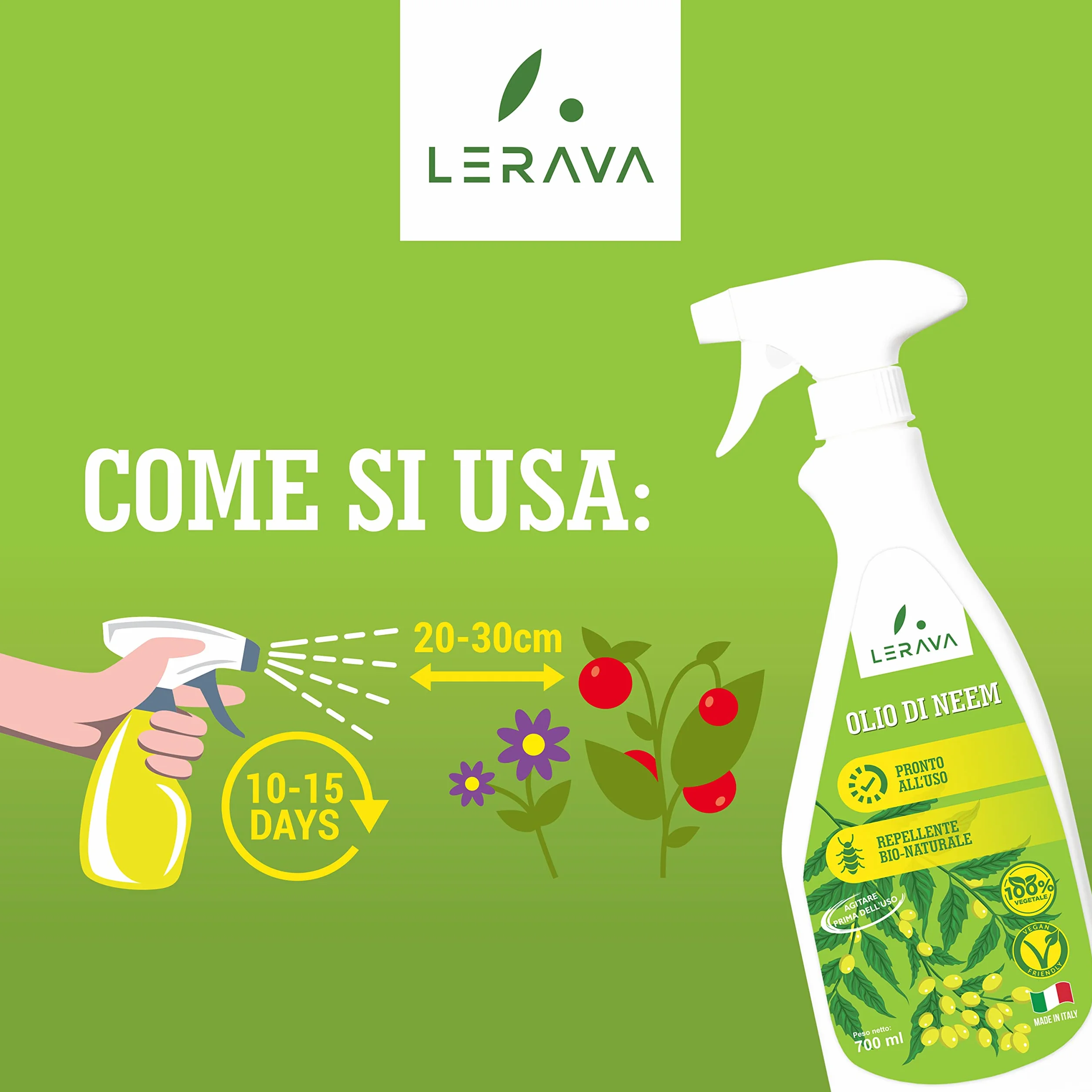 LERAVA® olej neem dla roślin - Gotowy do użycia spray owadobójczy - 100% bio-roślinny olej neem - Hamuje rozwój larw - olej neem 700ml