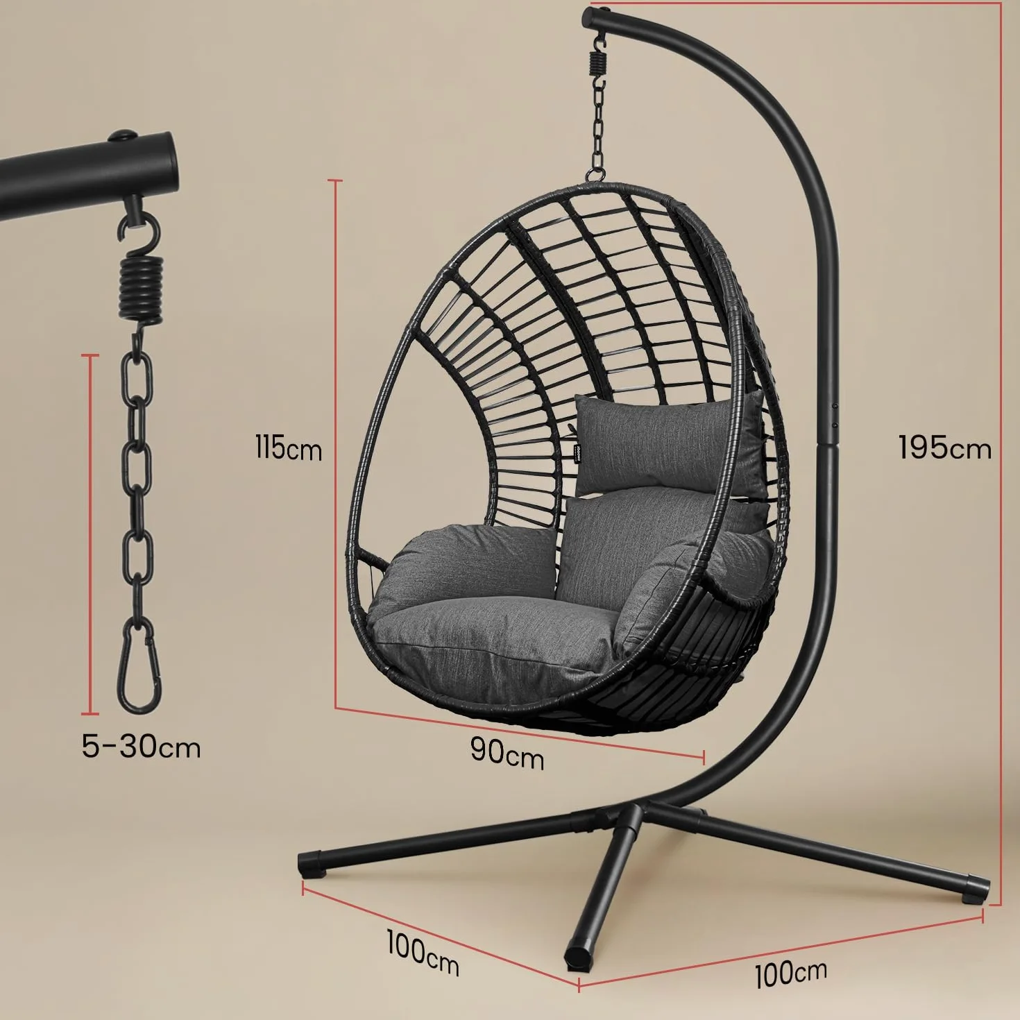 Fotel wiszący Swoods XXL Egg - Fotel wiszący ze stojakiem - Do wnętrz i na zewnątrz - Zawiera poduszki - Odporny na warunki atmosferyczne - Fotel Egg - do 150 kg (Ciemnoszary)