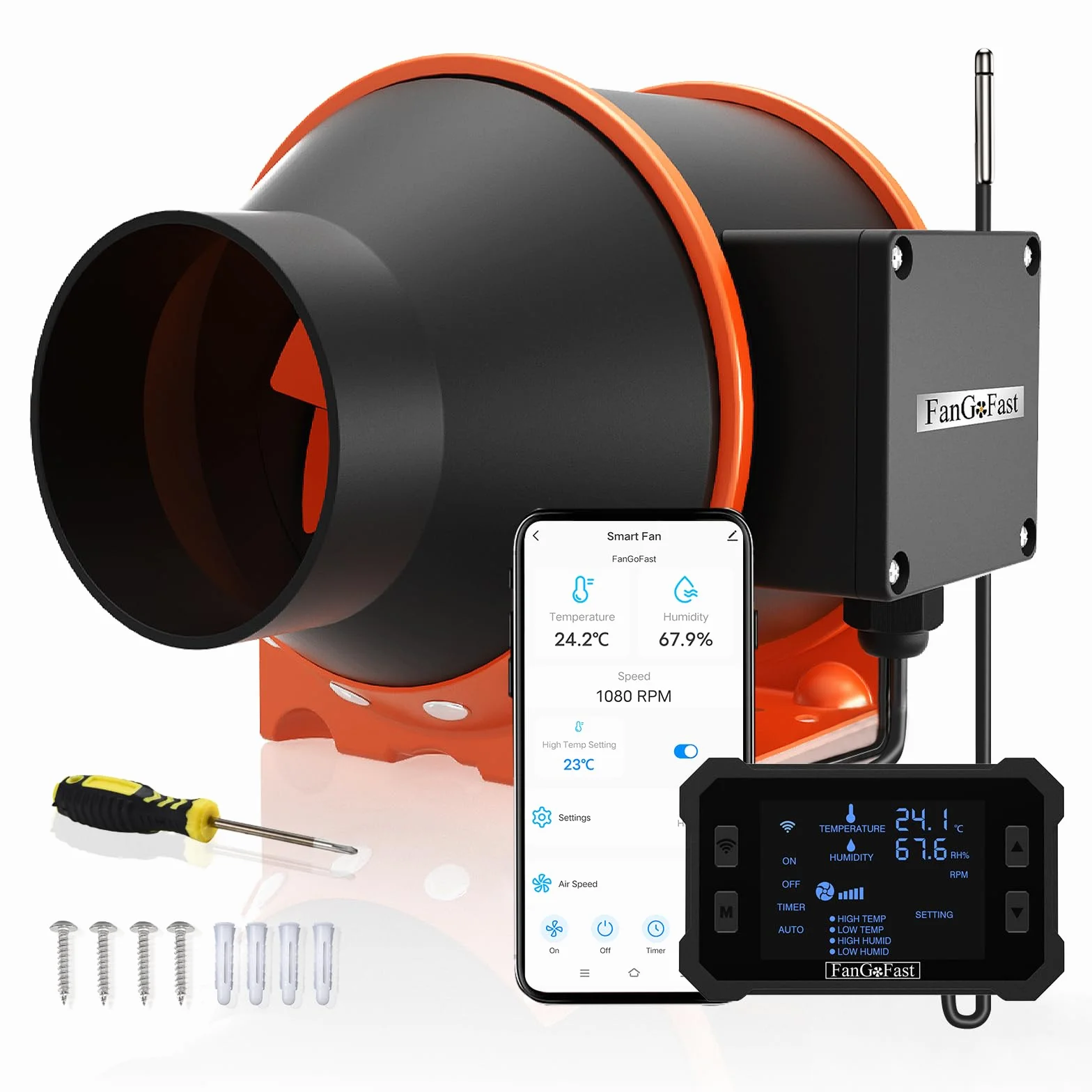 FanGoFast 100 mm APP KONTROLOWANY wentylator rurowy z regulatorem temperatury i wilgotności, silnik EC, 3000 RPM wentylator wyciągowy do wzmacniaczy, namiotów do uprawy, wentylacji i wentylatora