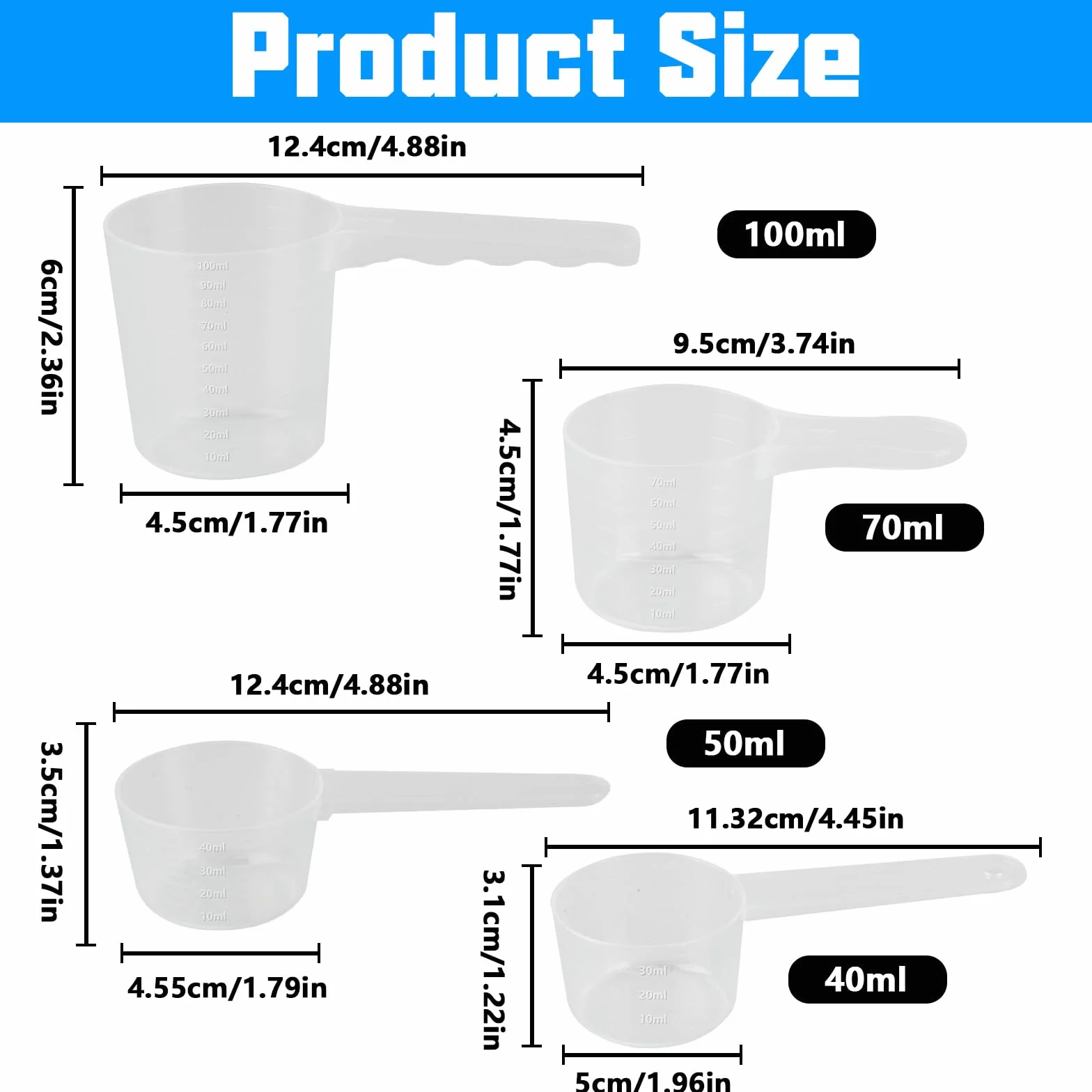 4 szt. Łyżka z dozownikiem, łyżki miarki, 40 ml, 50 ml, 70 ml, 100 ml łyżki przezroczyste plastikowe dozowniki ze skalą, łyżki kuchenne miarki do białka w proszku mąki
