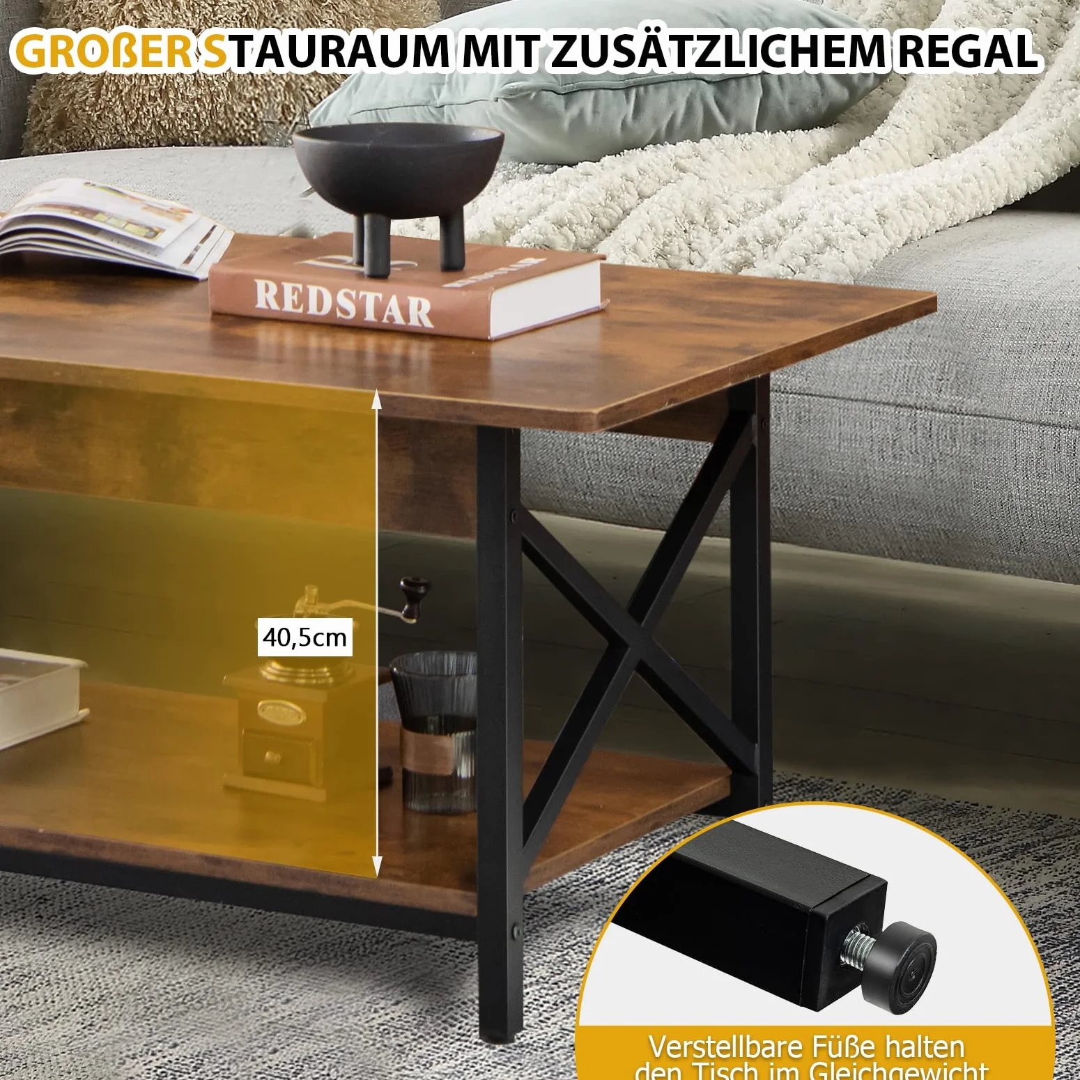 COSTWAY stolik kawowy, stolik z regałem, stół do salonu, stolik do sofy do salonu, wymiary: 110 x 60 x 48 cm (Rustykalny brąz)