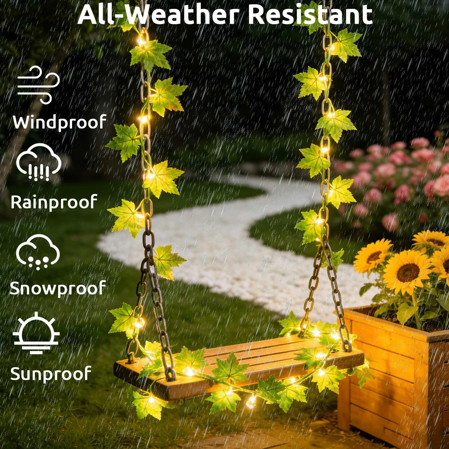 Joycome Solarny łańcuch świetlny, 10 m, 100 diod LED, bluszcz, 8 trybów, z łańcuchem świetlnym, IP65, odporny na warunki atmosferyczne, liście, na balkon, do ogrodu, na taras, do użytku na zewnątrz