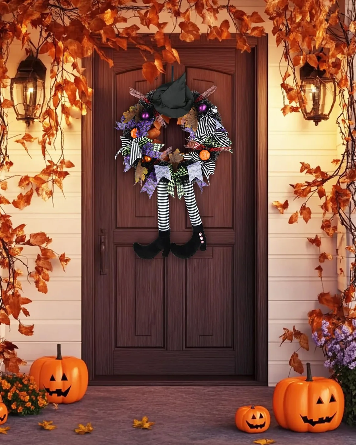 SHAVINGFUN Dekoracje Halloween, Wieniec Czarownicy, Czarny Wieniec z Kapeluszem, Czarownice, Dynia, Do Wewnątrz i Zewnątrz, Do Domu