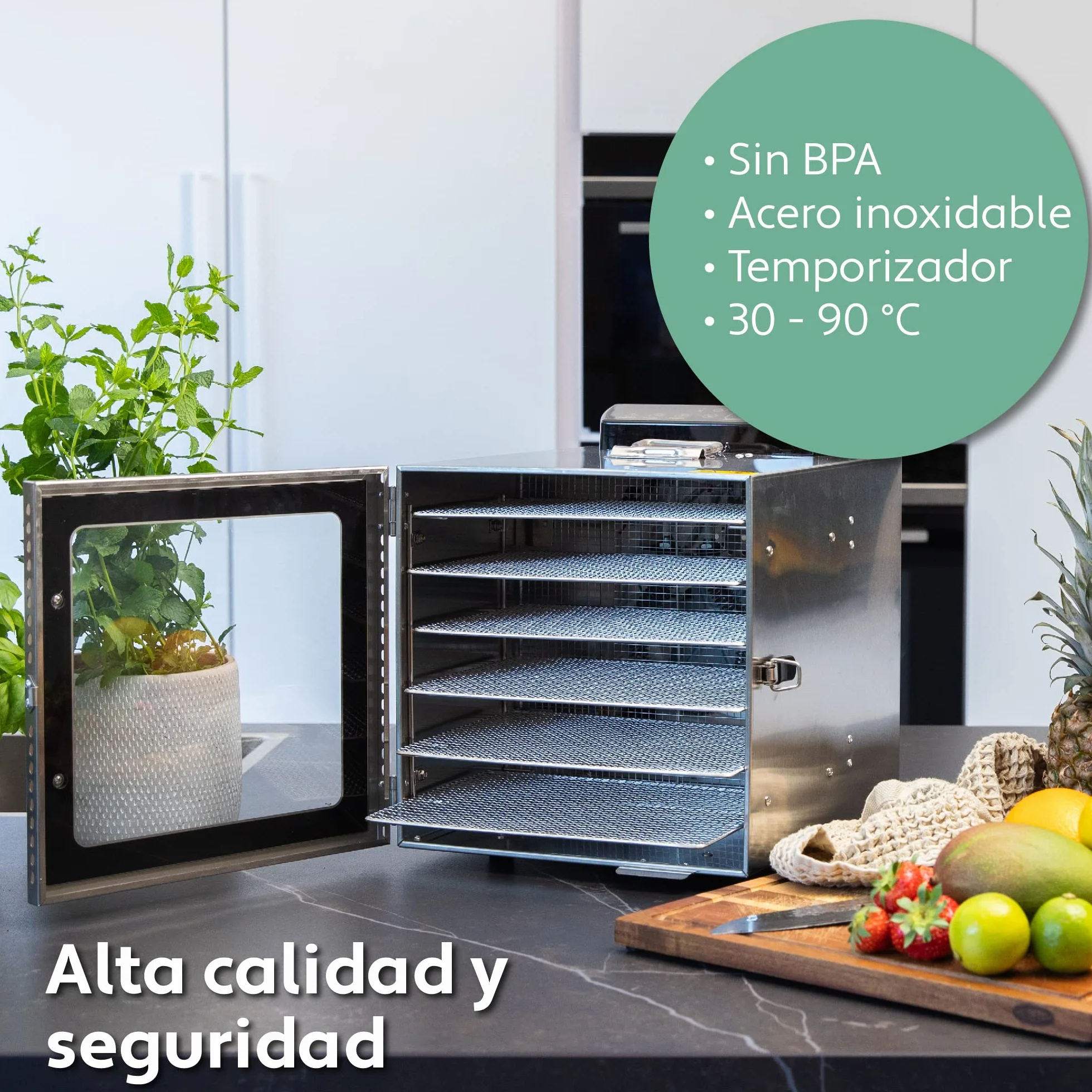 Vita5 Model S Suszarka do Zywności ze Stali Nierdzewnej z 6 Tacami - Do mięsa. owoców. warzyw i grzybów - 24-Godzinny Timer i Regulowana Temperatura 30-90°C - 400 W