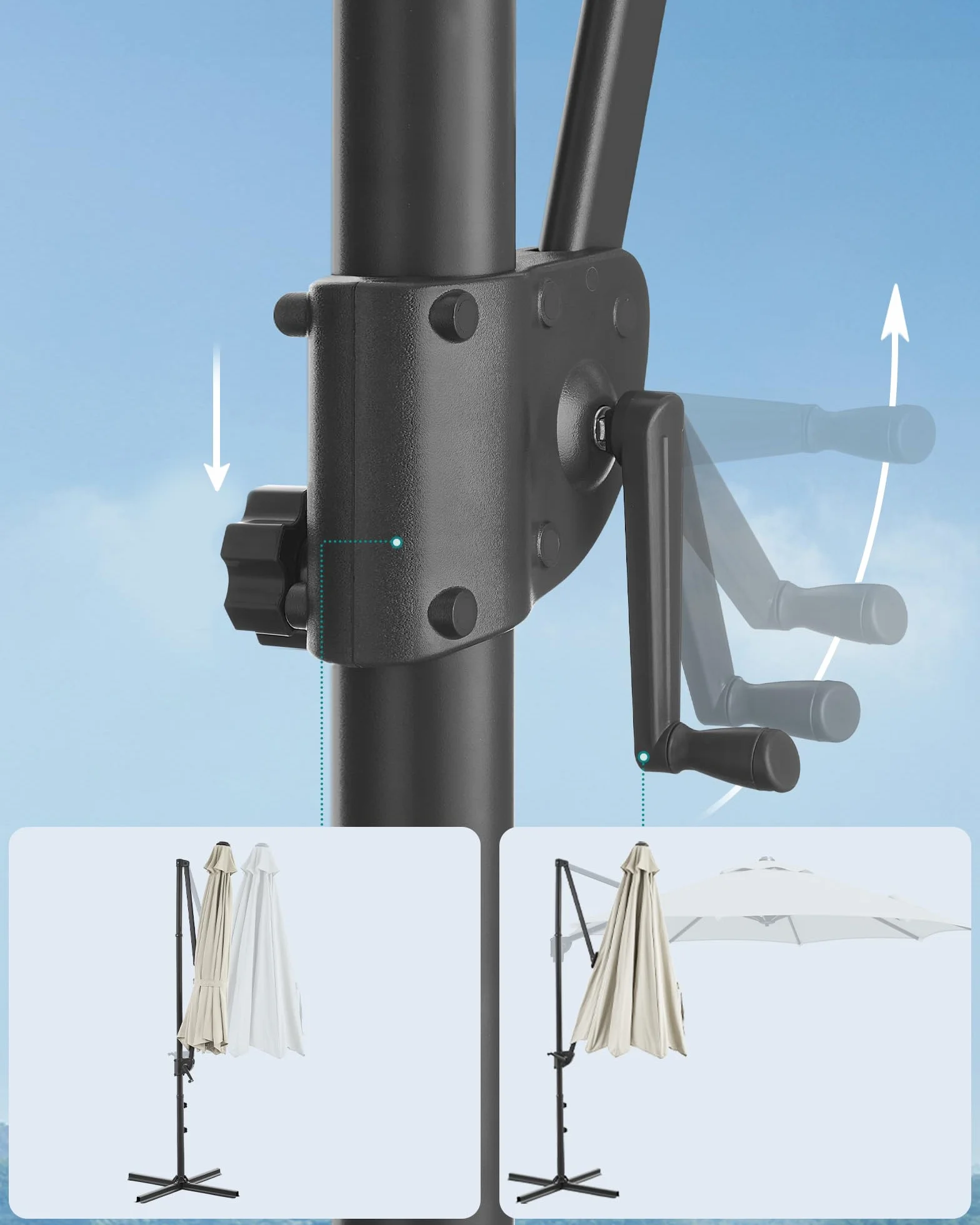 SONGMICS Parasol przeciwsłoneczny, 300 cm, UPF 50+, parasol ogrodowy, obracany o 360°, bezstopniowo regulowany kąt nachylenia, z korbą, stopka krzyżowa