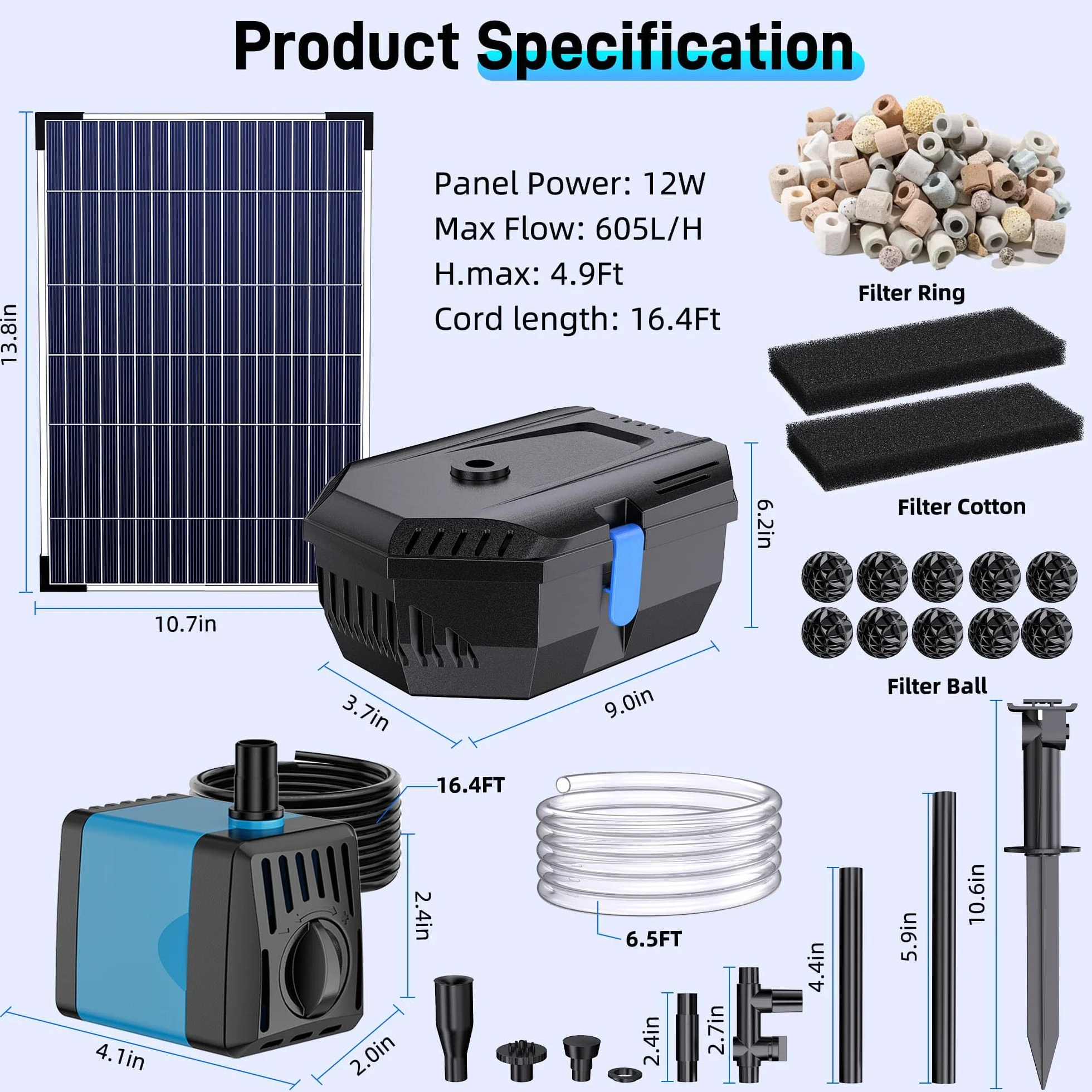 Biling Solarny filtr do stawu 12 W z 4 dyszami – pompa solarna do oczka wodnego z bio-filtrem do stawów do 800 l – bezprzewodowa fontanna solarna do użytku na zewnątrz, do ogrodu, na balkon, mały staw